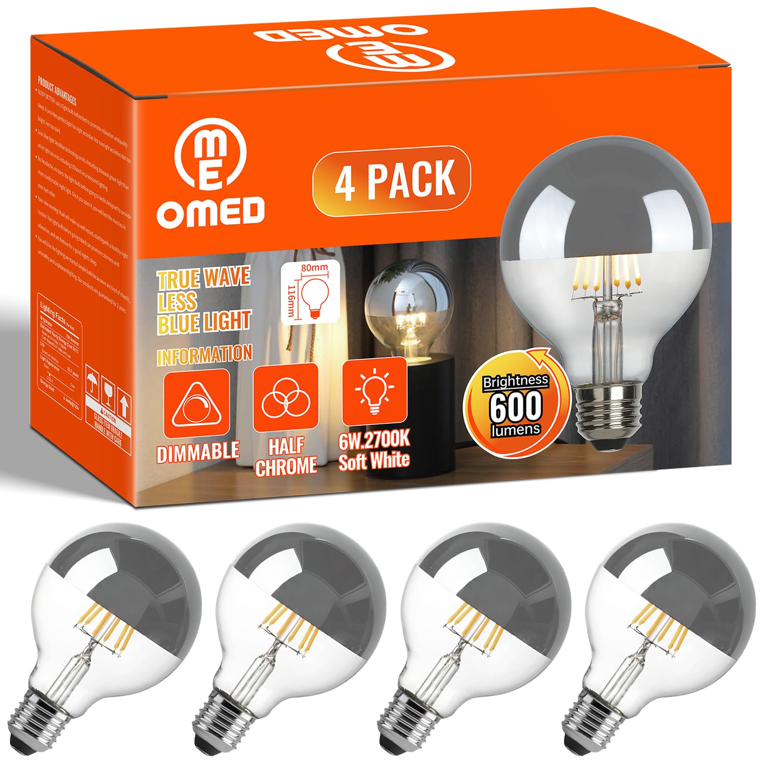 Omed 60W Equivalent Half Chrome Led 4 Pack Lights | 6Watt G25/G80 Silver Bowl Globe Shape Led Blub | Warm White 2700K Medium E26