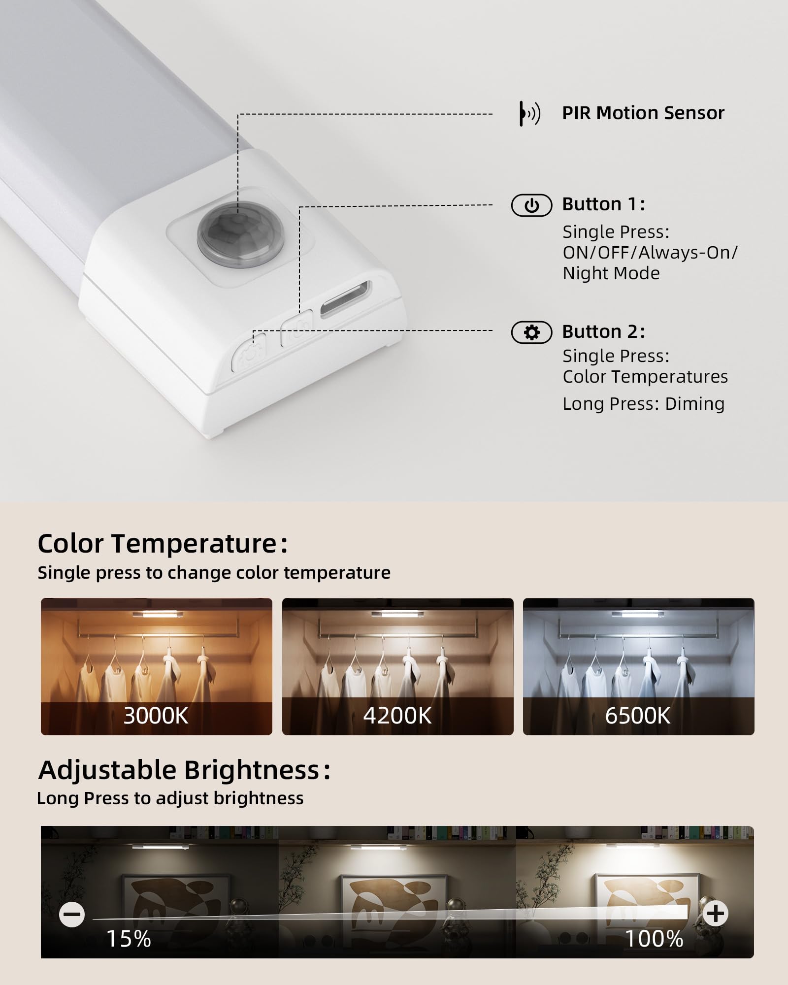 Ezvalo Closet Lights, 30 Led Rechargeable Under Cabinet Lighting Wireless, 3 Color Temps Under Cabinet Lights, Dimmer Motion Sen