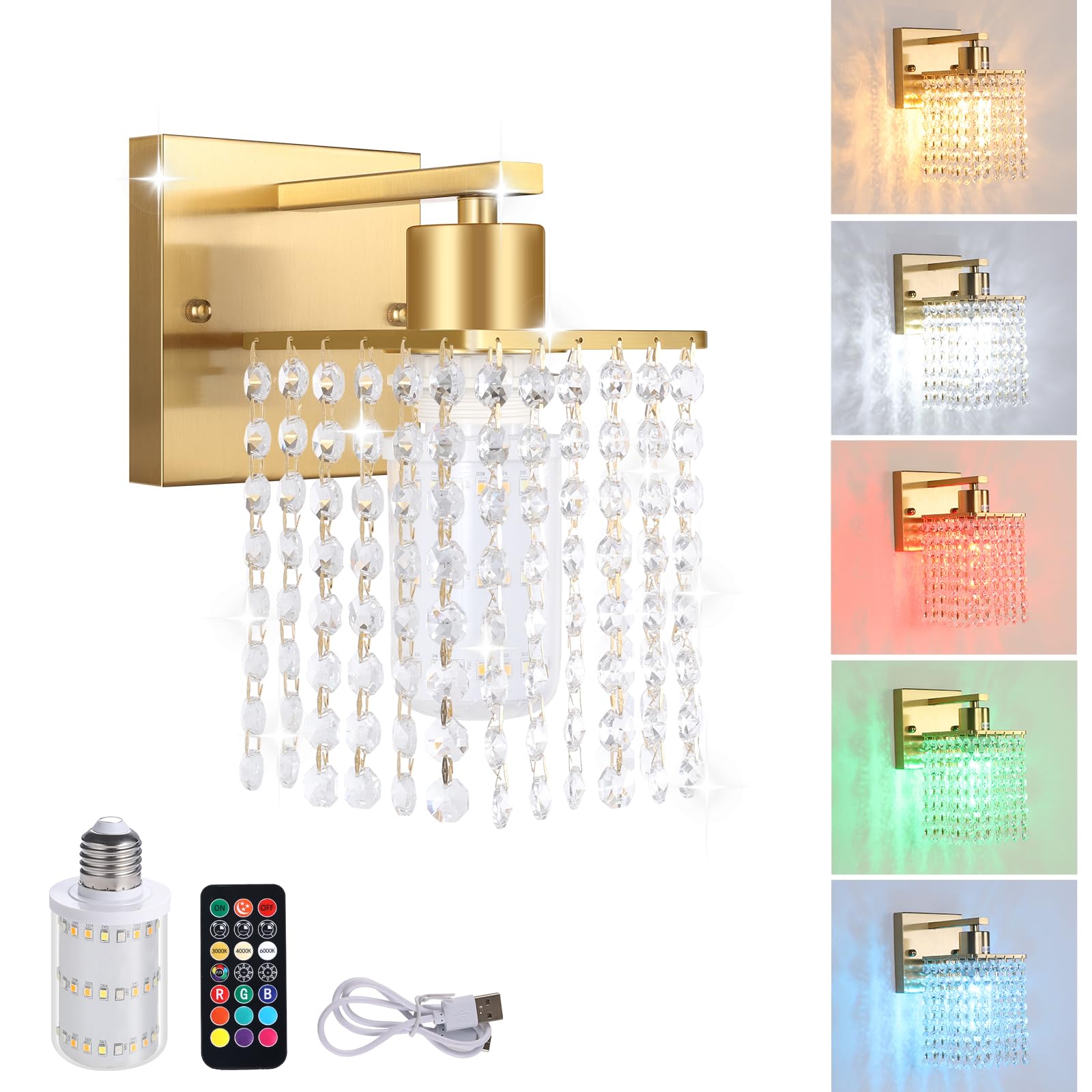Shenmoyl Wall Sconce, Rechargeable 5200mAh Battery, Remote Control, Modern Dimmable Light, 1 Light Size, Clear-Gold Base
