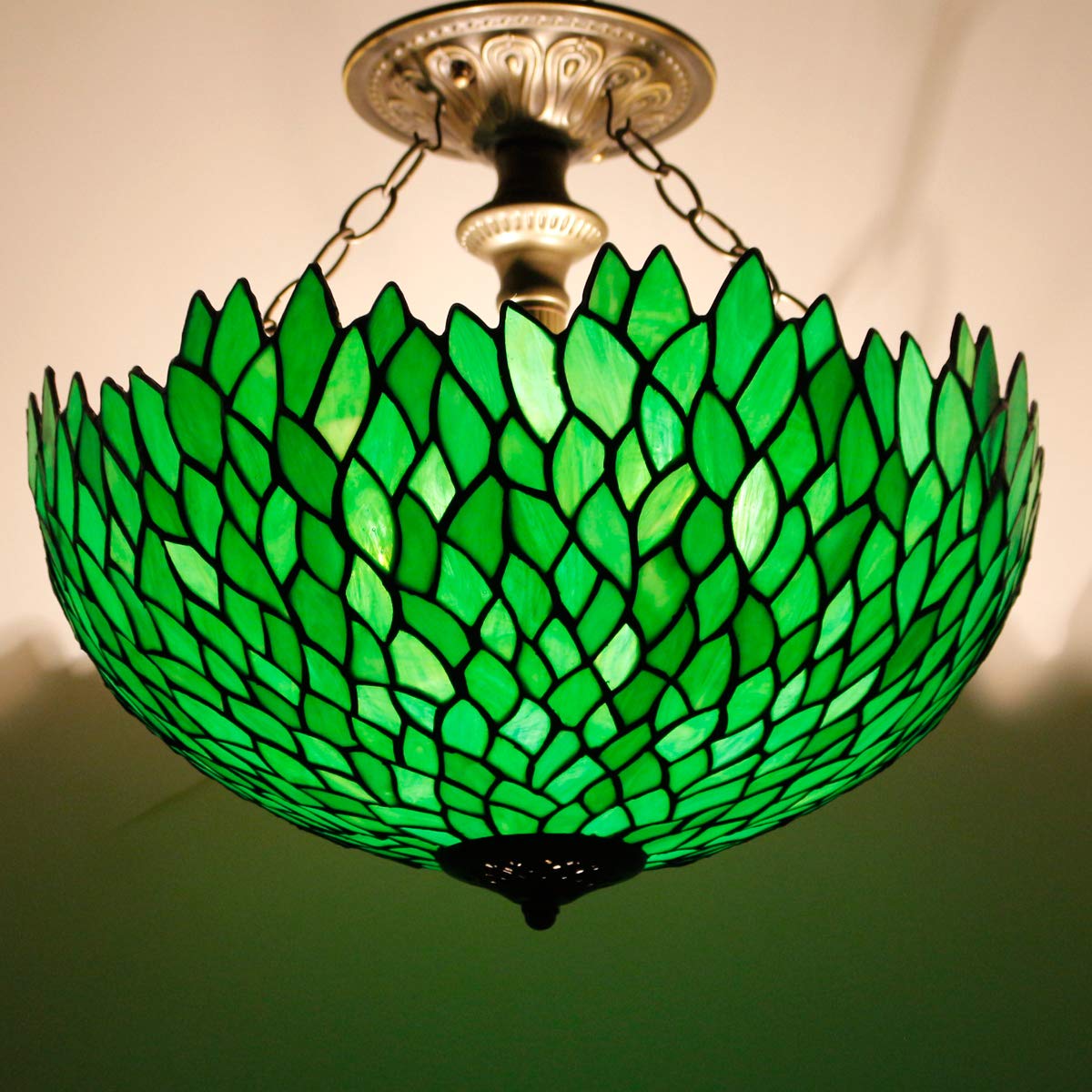 WERFACTORY Tiffany Ceiling Light Fixture, Green Wisteria Stained Glass, Semi Flush Mount, 16 Wide x 15 High, S523 Series, Large