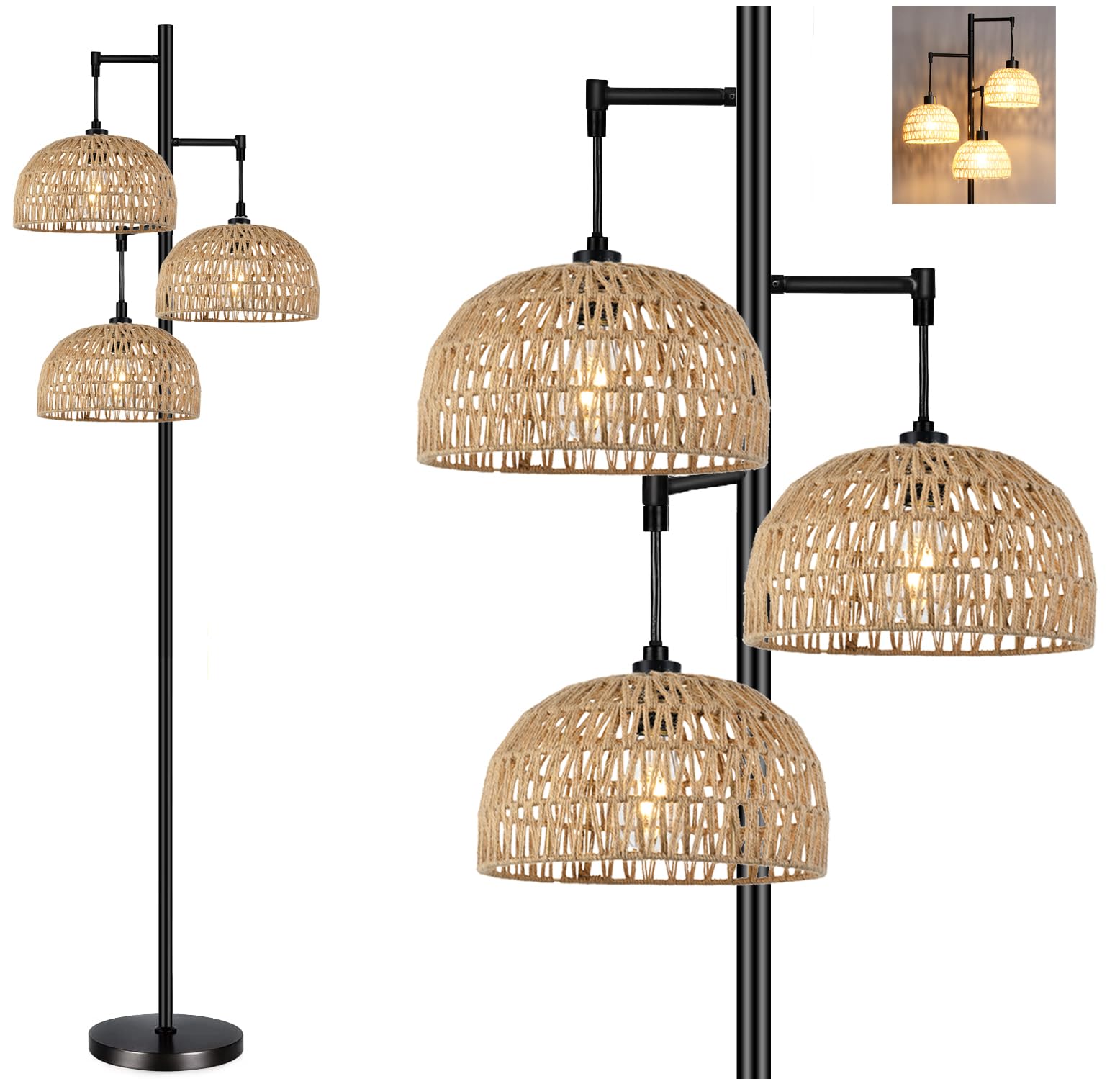 QIYIZM Floor Lamp for Living Room,Bedroom,3-Lights Boho Rattan Floor Lamps,Tree Farmhouse Industrial Black Standing Lamp Wicker 