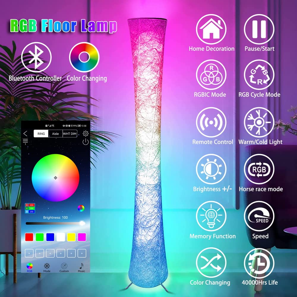 WORLD WIN 61'' Smart RGB LED Floor Lamp - Music Sync, 16 Million Colors, Remote & APP Control, Color Changing for Bedroom Living Room