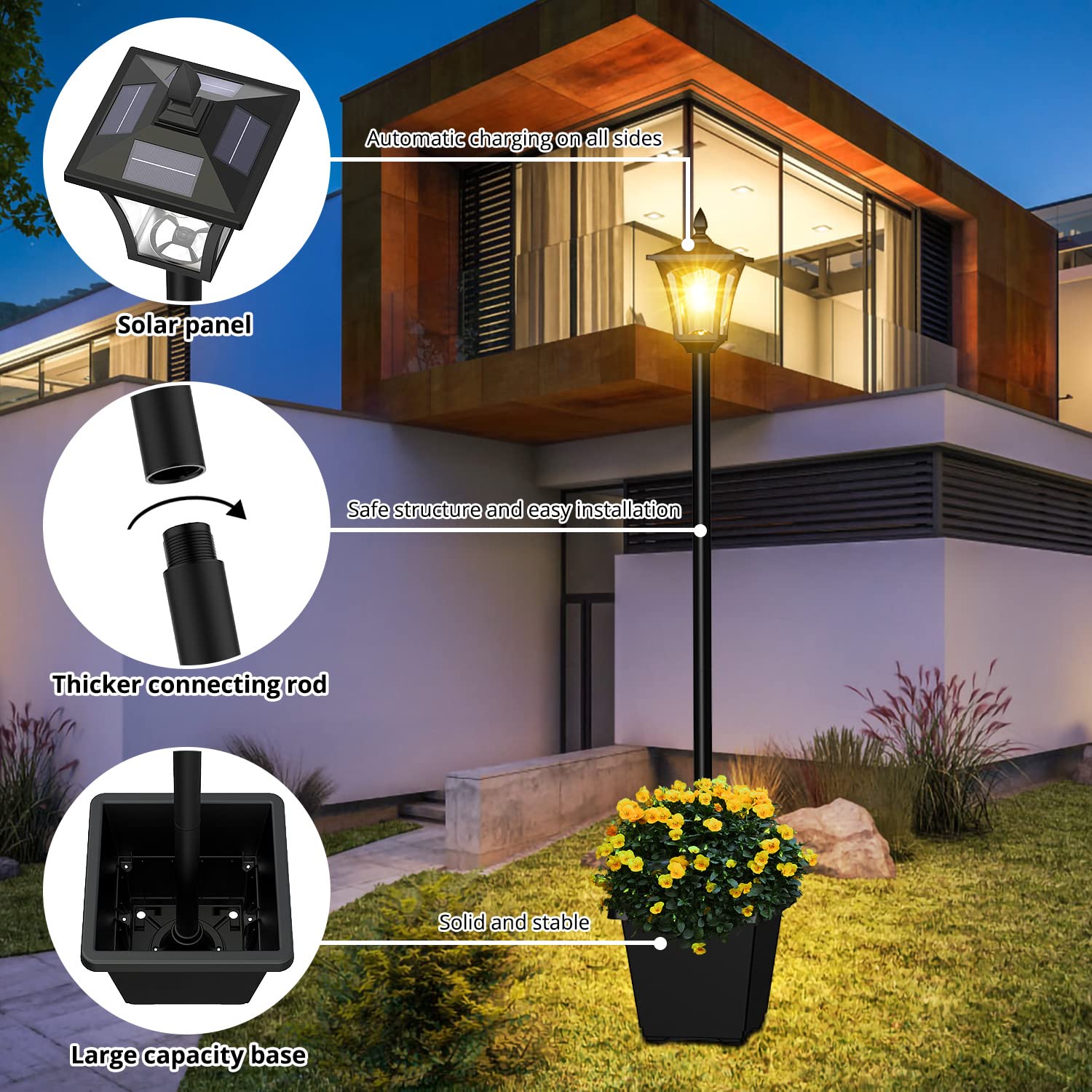 ILANCK Solar Outdoor Lamp Post Light, 64 Inch, 60 Lumen, Waterproof, Black, Stainless Steel, Model BE-09F