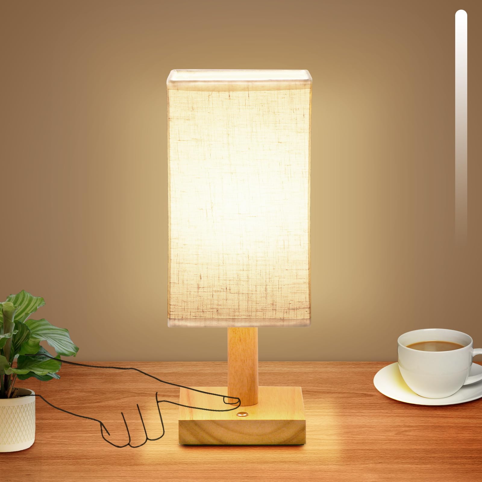 Rechargeable Cordless Touch Bedside Table Lamp With Stepless Dimming,Natural Wood Base&Linen Shade,Small Wireless Battery Ambien
