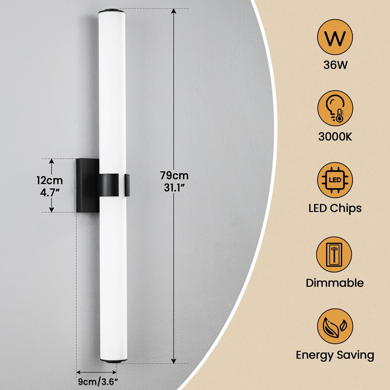 Aijiasi Black Bathroom Vanity Light Fixtures, 31 Inch Modern Bathroom Light Fixtures Over Mirror Sconce Lighting 36W 3000K Led Dimmable Vanity Light Bar For Mirror Bedroom Living Room