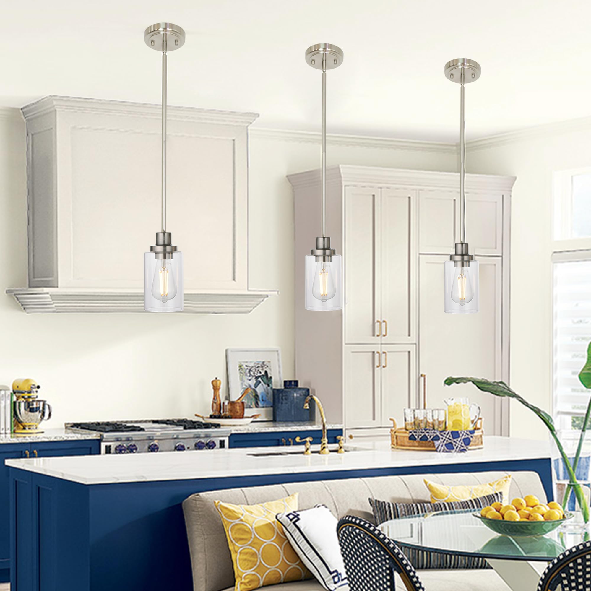 Melucee 3 Pack Kitchen Island Pendant Lighting Adjustable Hanging Ceiling Lamp Brushed Nickel Finish With Clear Glass Shade For