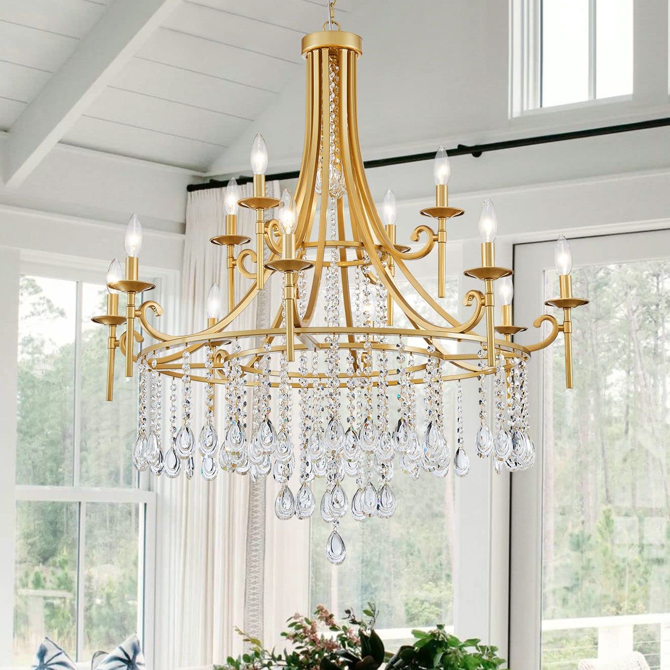 WUZUPS 12-Light Candle Chandelier Pendant Ceiling Light, Modern Gold Wagon Wheel Fixture for Bedroom, Kitchen, Living Room