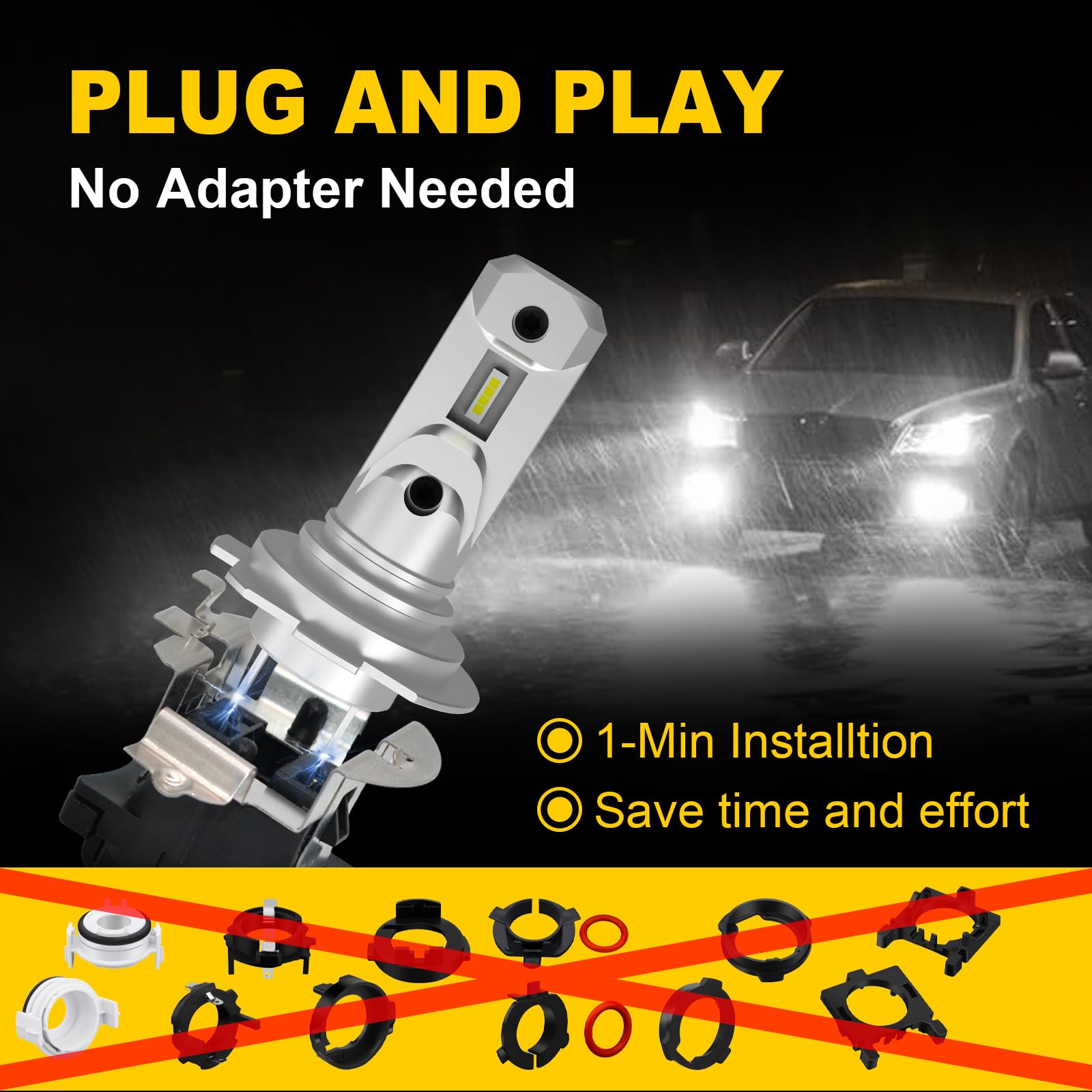 AHOBXD H7 Light Bulbs Pack of 2, 6500K White, 30000LM Brightness, 80000 Hours Life Span, Plug and Play, H7/H18