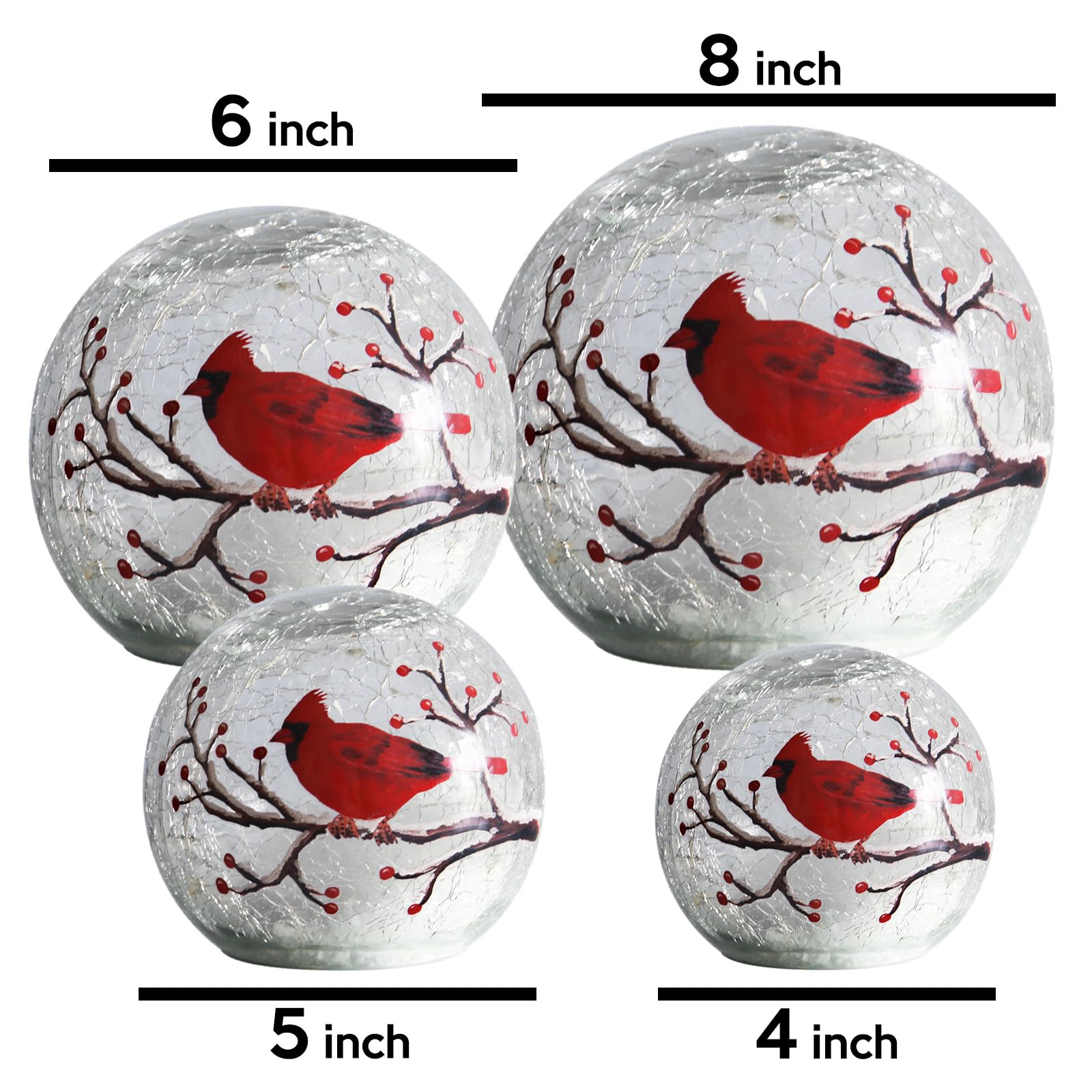 Kaowod Crackle Glass Ball Cardinal Lamp - 4" LED Night Light with Timer, Stained Glass Red Cardinal Decor, Clear Finish