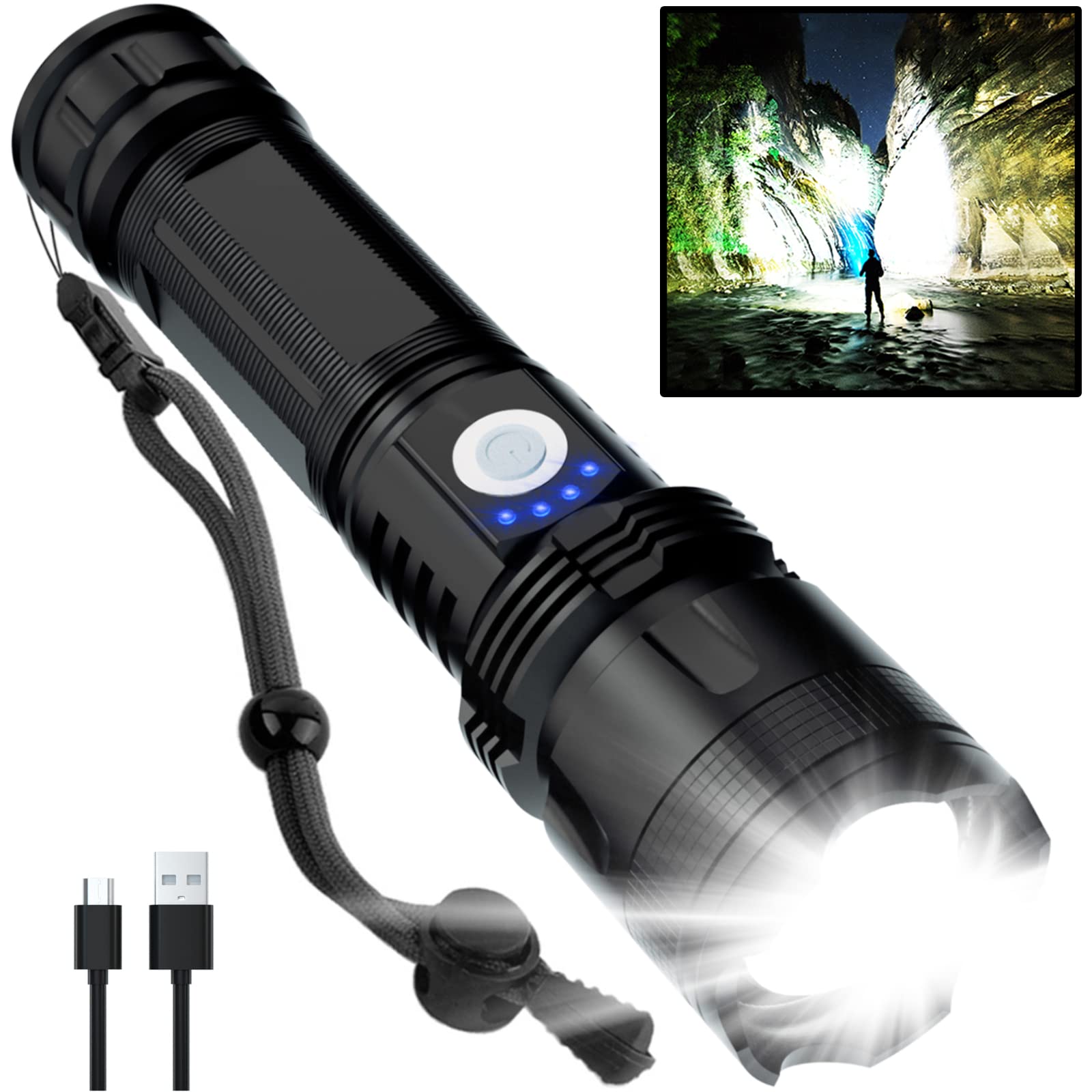BERCOL Rechargeable LED Flashlight 100000 Lumens, 5 Modes, Waterproof, Aluminum, Black, Model P50