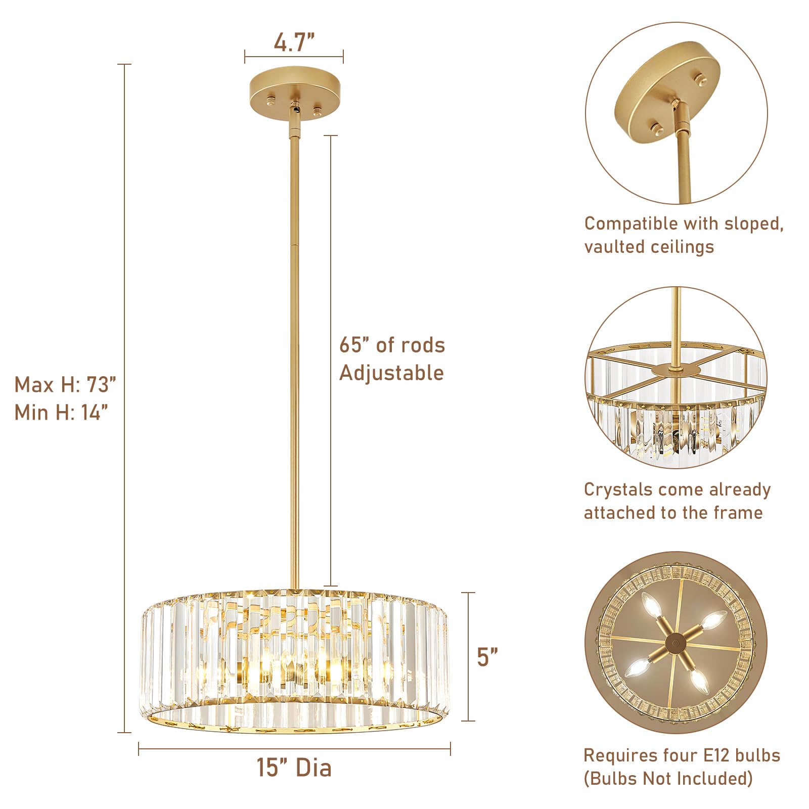 Yurnyq Gold Crystal Chandelier For Dining Room, 4-Light Modern Semi Flush Mount Chandelier Lighting Fixtures, Round Kitchen Hang