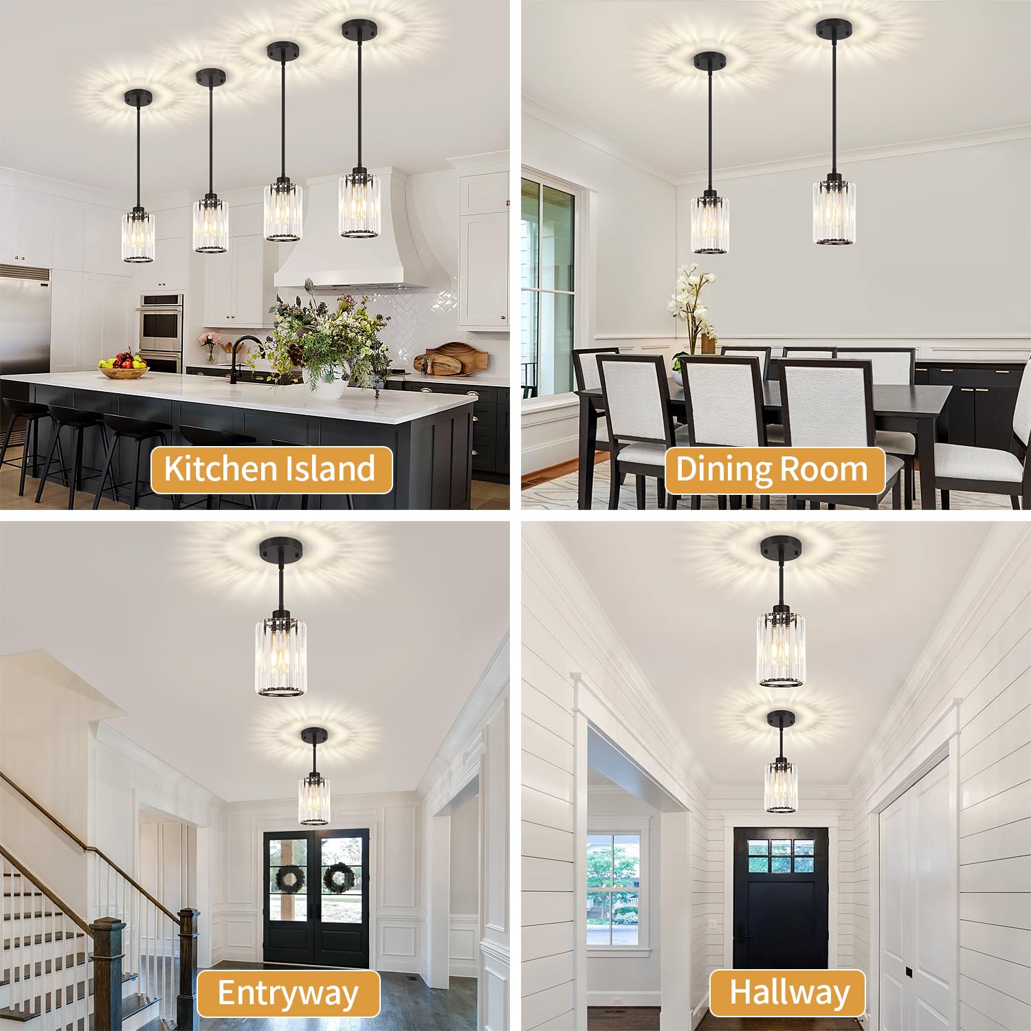 Zsmihdoh 2 Pack Black Pendant Light  Modern Crystal Pendant Lights Kitchen Island Lighting  Hanging Light Fixtures Mini Chandelier Pendant Lights For Island Dining Room Hallway Bedroom