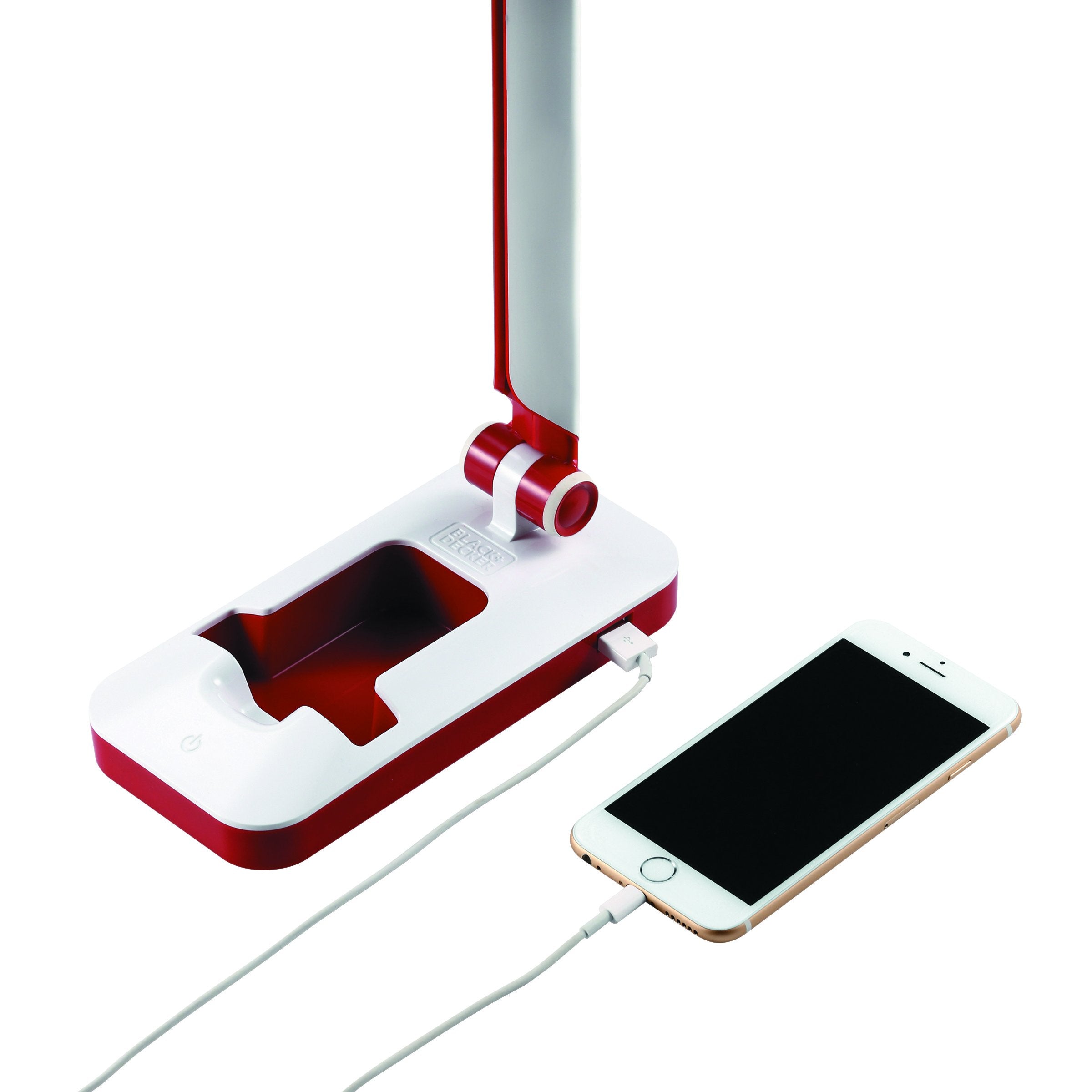 Black And Decker Office Led3Fold-Whtred Pureoptics Verve 5W Flicker-Free Natural Daylight Led Desk Lamp With Usb Charging Port, Phone Stand, 2 Dimming Levels (267 Lumens), 16&quot; X 9&quot; X 3.5&quot;, White/Red
