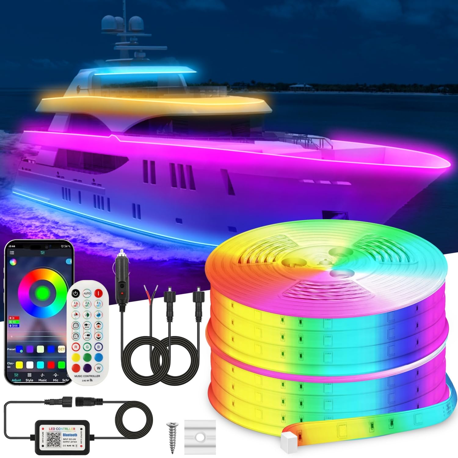 VIDLULTD Marine Boat LED Strip Lights, IP67 Waterproof, 66FT, Multicolor, Model VLD07-ER45, APP Remote Control