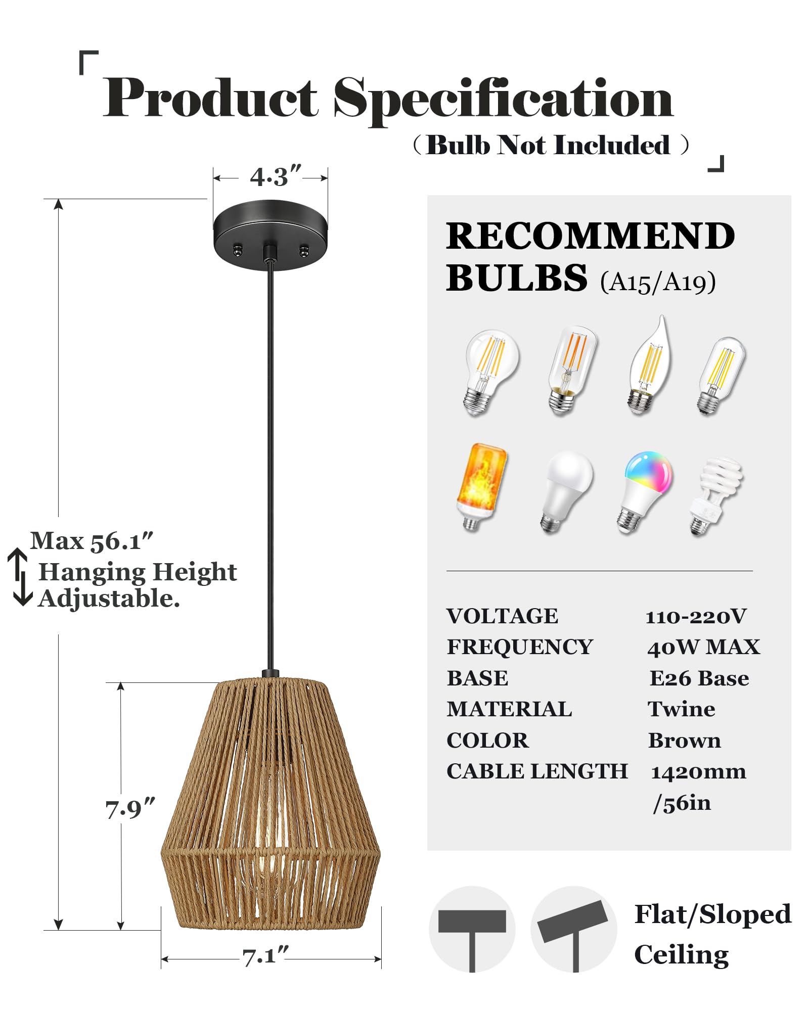 Elyona 3 Pack Woven Pendant Lights, 7” Boho Rattan Hanging Lamps For Kitchen & Dining