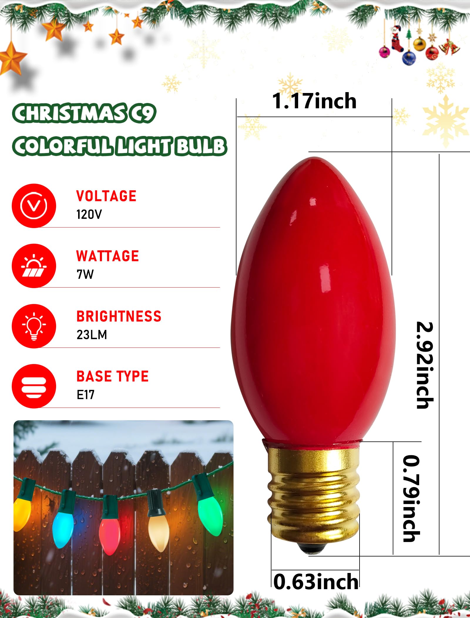50 Pack C9 Multicolor Christmas Light Bulbs  Ceramic 7W Incandescent Bulbs For Outdoor Christmas String Lights  C9 Replacement Night Bulbs For Party Patio Holiday Xmas Decor  E17 Intermediate Base