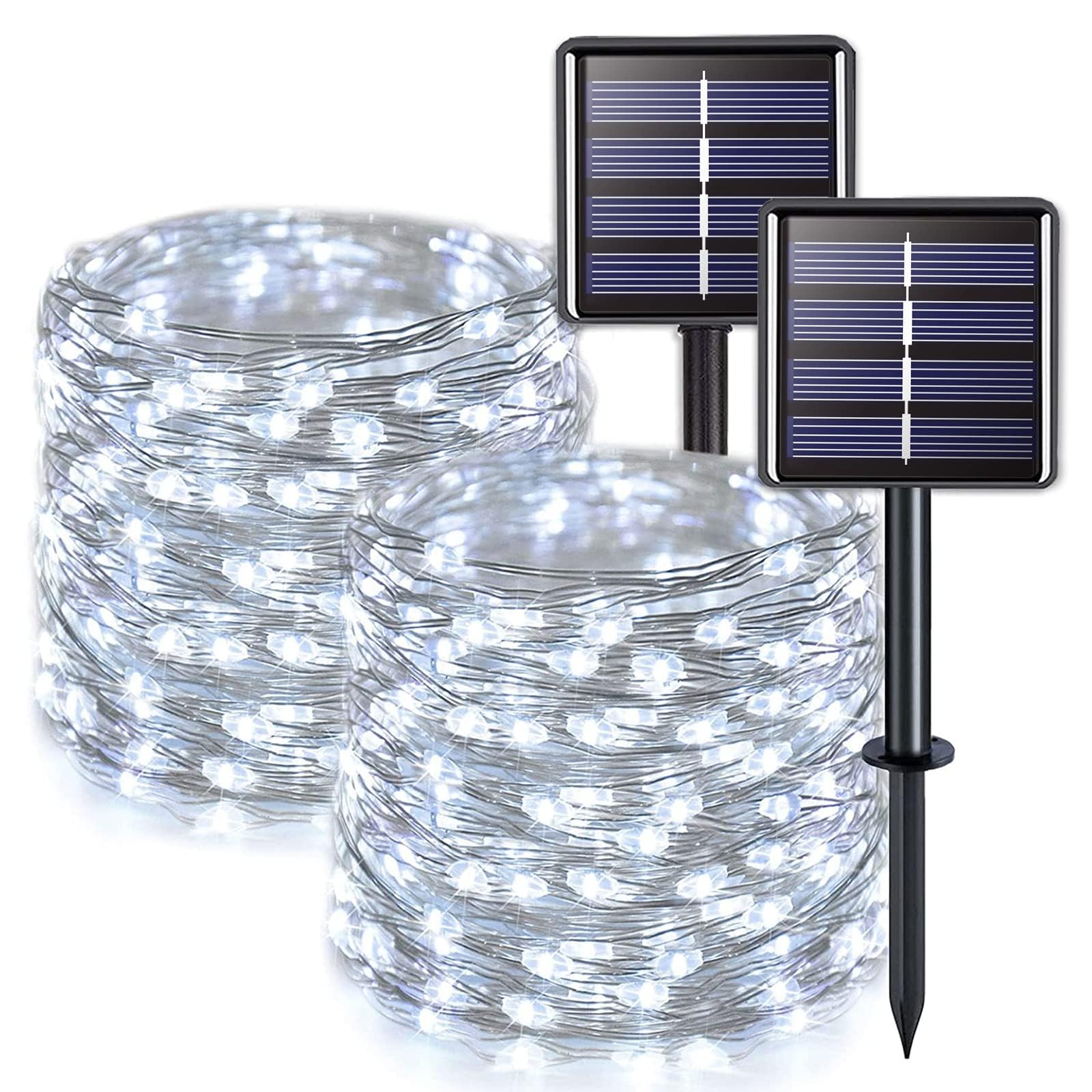 JMEXSUSS Solar String Lights, 33ft 100 LED, Waterproof, 8 Modes, Copper Wire, 2 Pack, White