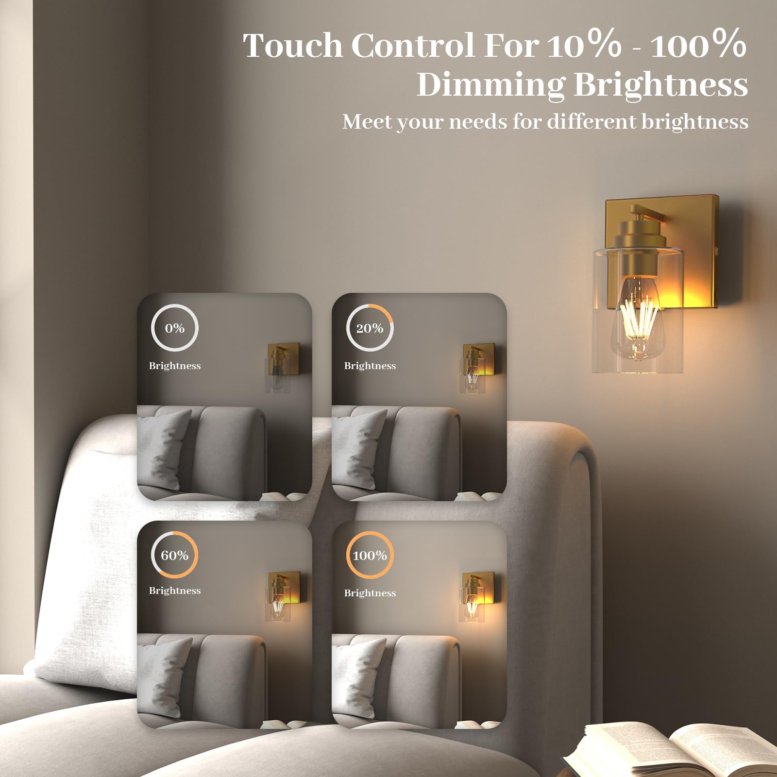ThyFenno Dimmable Wall Sconce Set of 2, Rechargeable, Touch Control, Brass, Model TF-1T T2L