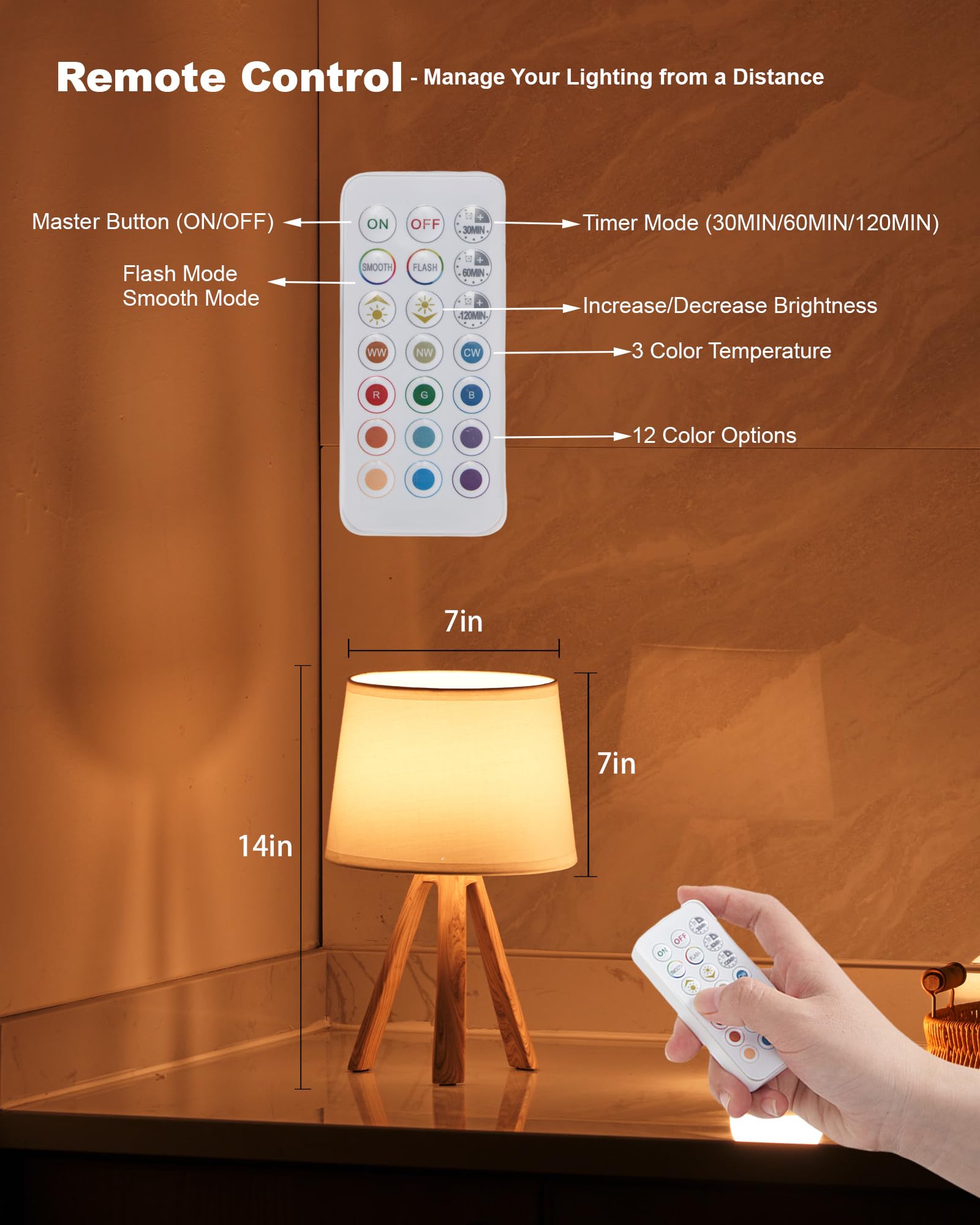 UMEXUS Cordless Table Lamp with Timer & Dimmer, Small White Fabric Shade, Rechargeable Battery, Remote Control, Model 90013