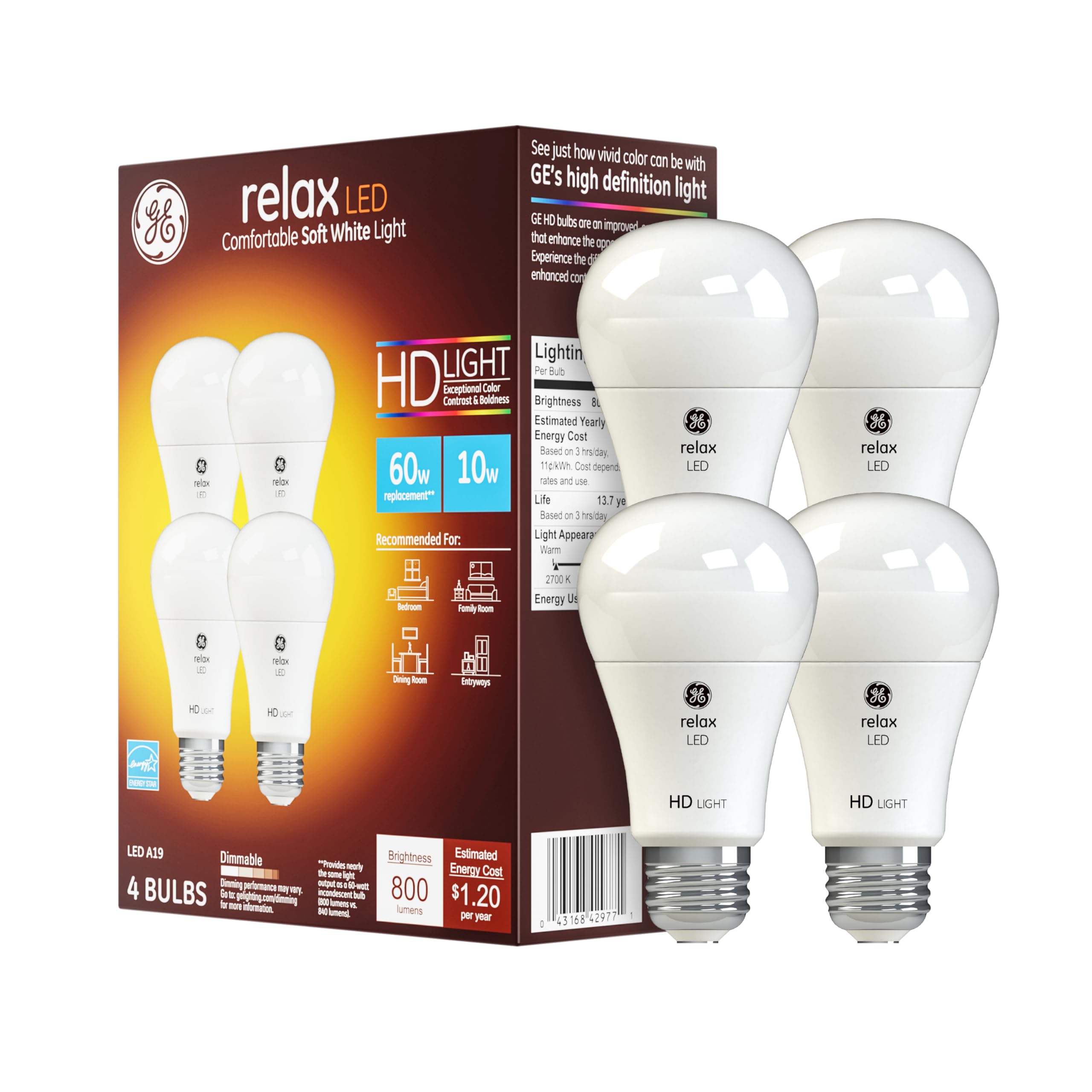 GE Relax LED Light Bulbs, 60W Equivalent, Soft White, A19, Glass, 4 Count, Medium Base