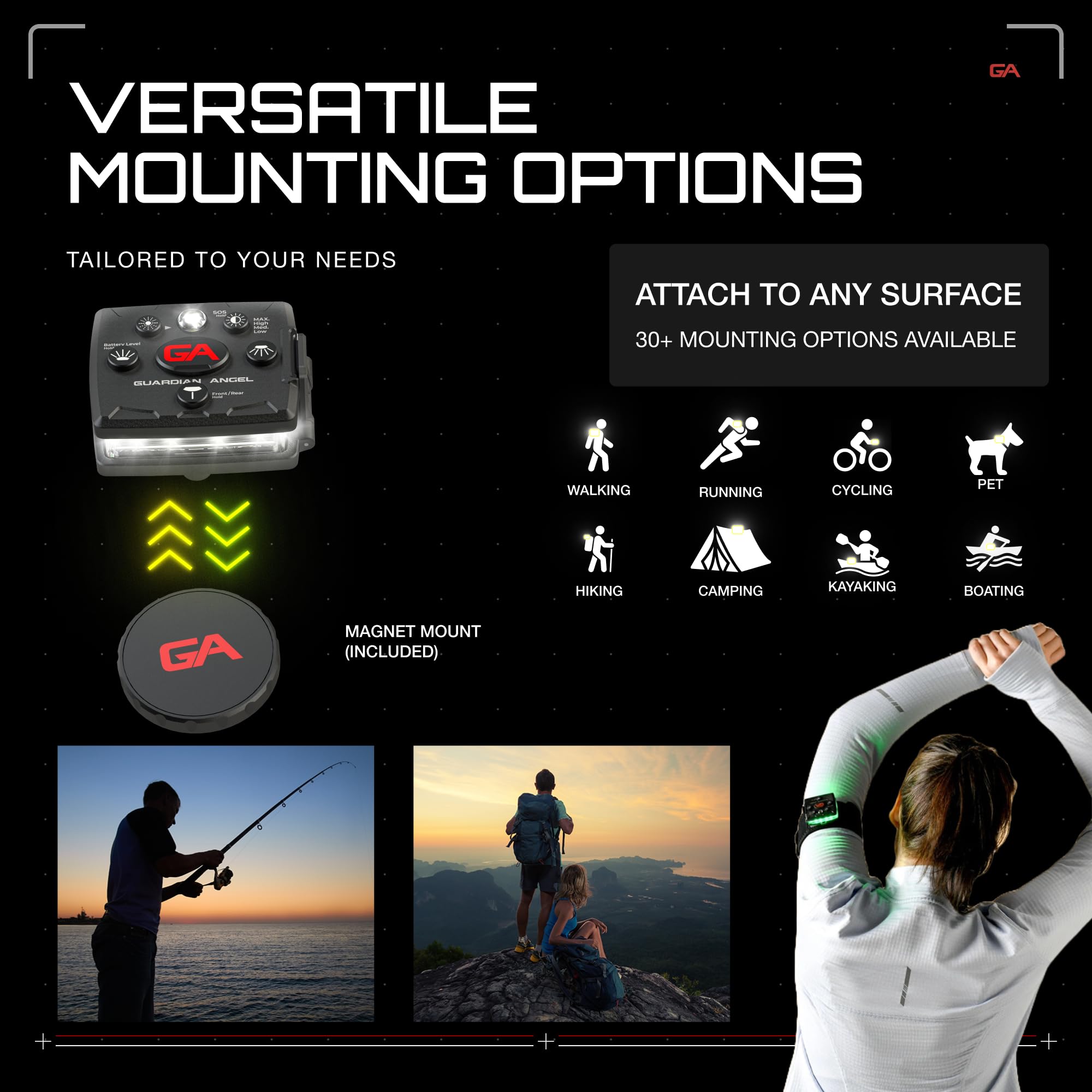 Guardian Angel Micro Series Safety Lights, Beacon Device (Yellow Front & Yellow Rear) |Rechargeable & Hands-Free Wearable LED Li