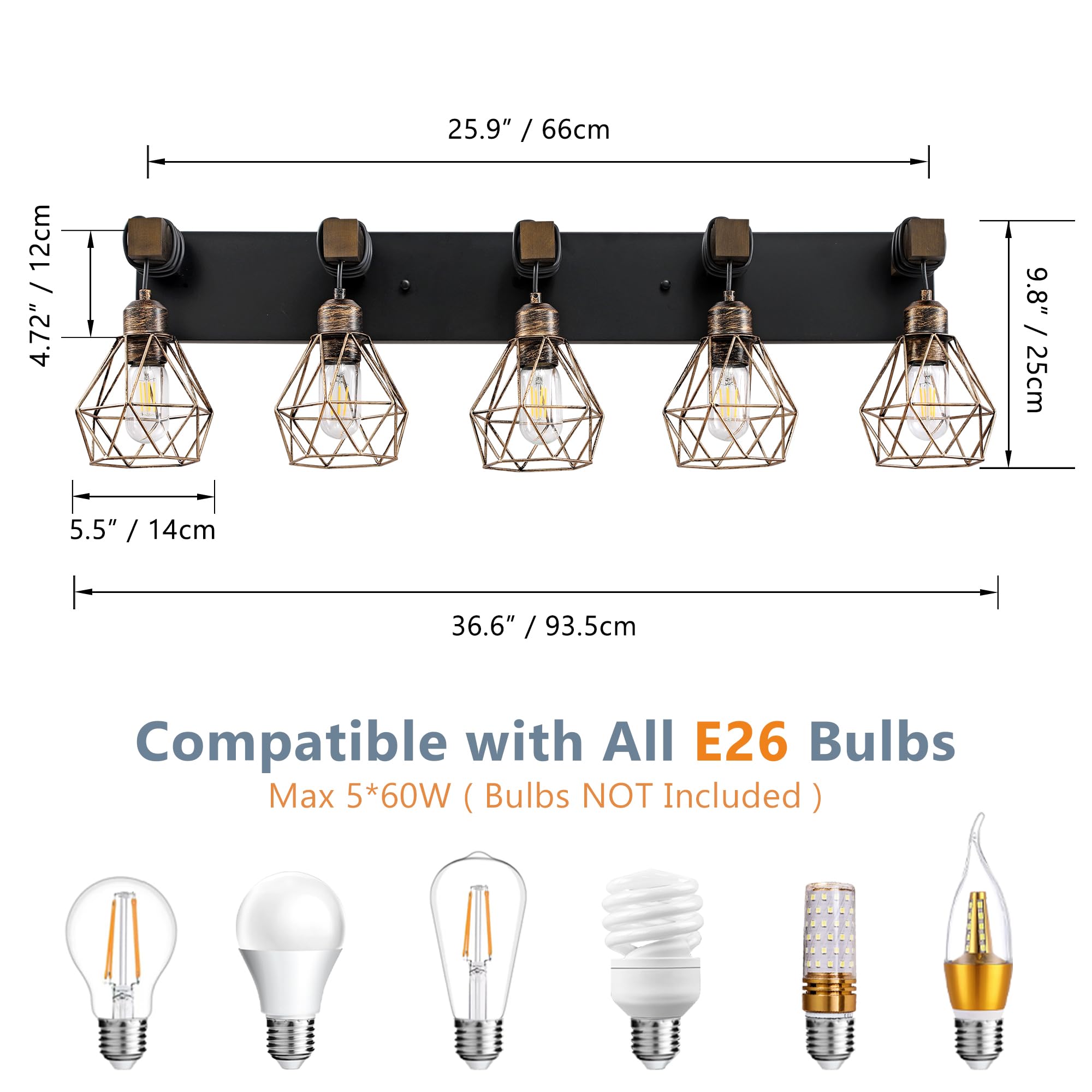 Farmhouse Bathroom Light Fixtures, 5-Light Bathroom Lighting Fixtures Over Mirror, Rustic Wood Black Gold Vanity Lights Wall Sco