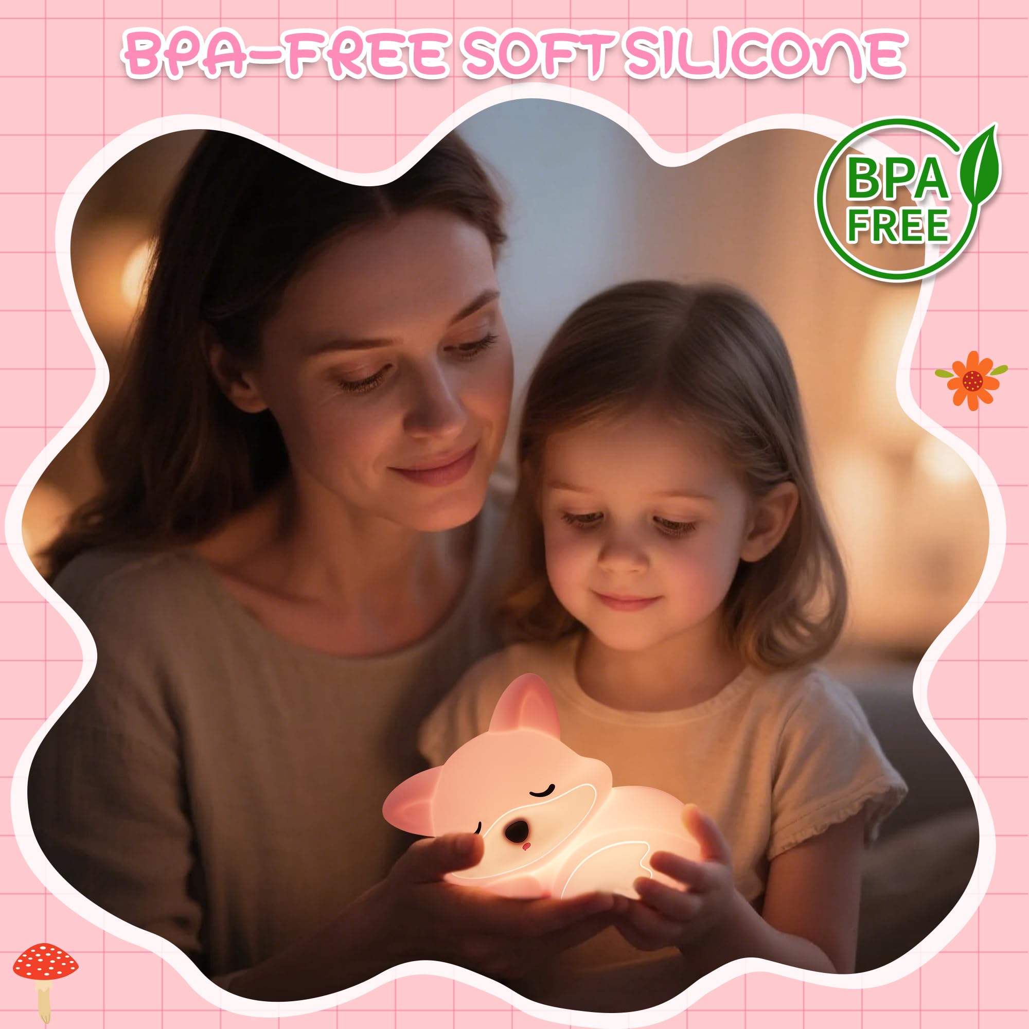 Okayera Fox Lamp For Girls  Pink Silicone Squishy Fox Shaped  20 Mins Auto-Off Rechargeable Dimmable Night Light  Fox Gifts For Nursery Baby Girl Women  Christmas Idea