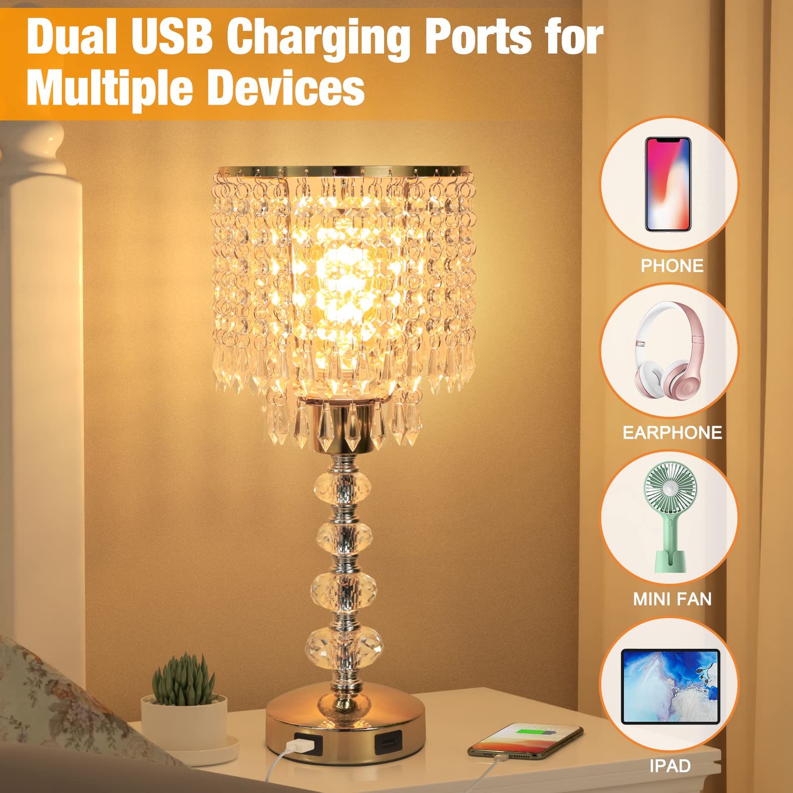 Acaxin Crystal Table Bedside Lamp - Touch Control, 3-Way Dimmable, Gold, Medium Size, 2 USB Ports for Bedroom & Living Room