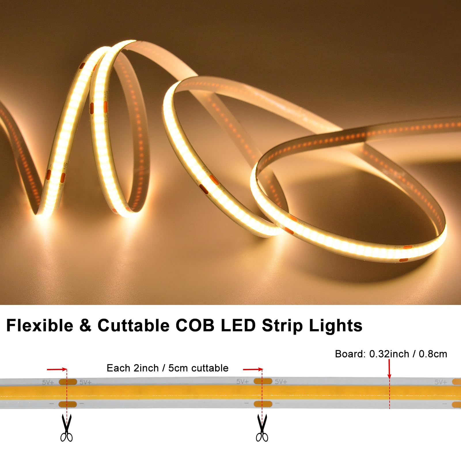 Lumbelle Cob Led Strip Lights Battery Powered, 6.6Ft 640 Led Light Strip Dimmable Cuttable Flexible Led Tape Light For Bedroom,