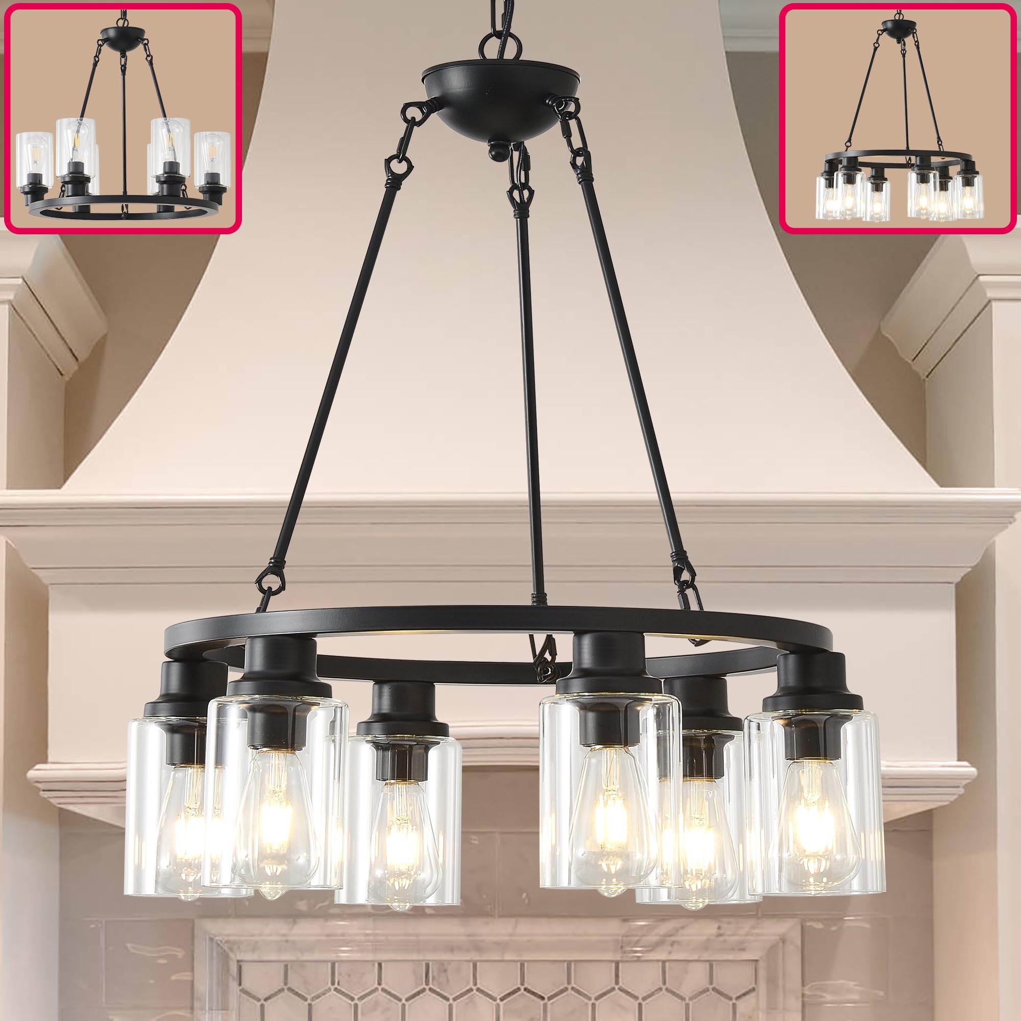 Jtyp 24&quot; Black Wagon Wheel Chandelier, 6-Light Farmhouse Pendant Light For Kitchen & Living Room