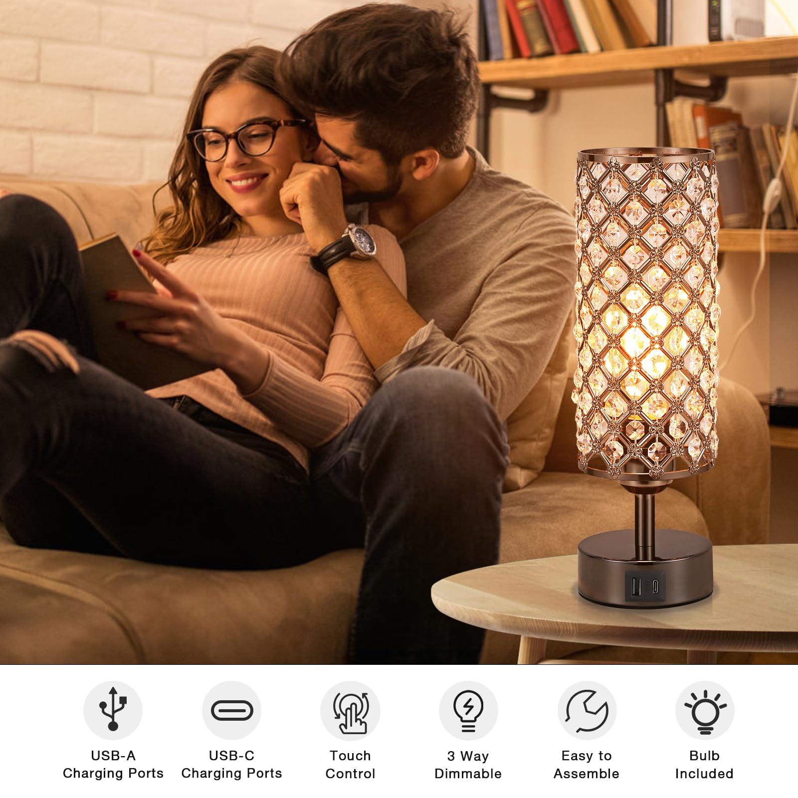 Hong-In Crystal Table Lamp, Black Crystal Lamp With Usb C+A Ports, 3 Way Dimmable Light With Crystal Lampshade, Bedside Lamp Sma