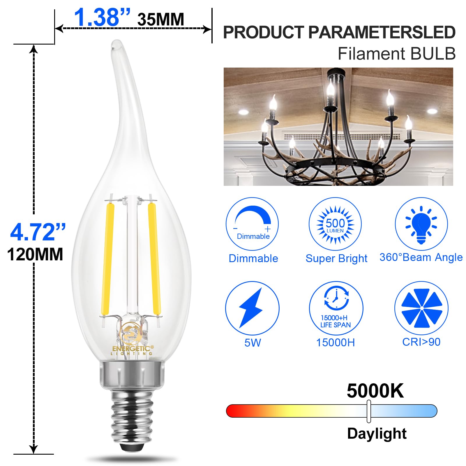 Energetic 12 Pack 60 Watt Dimmable Led Chandelier Light Bulb, 500Lm, 5000K Daylight Ca11 Filament Led Candle Light Bulb, E12 Bas