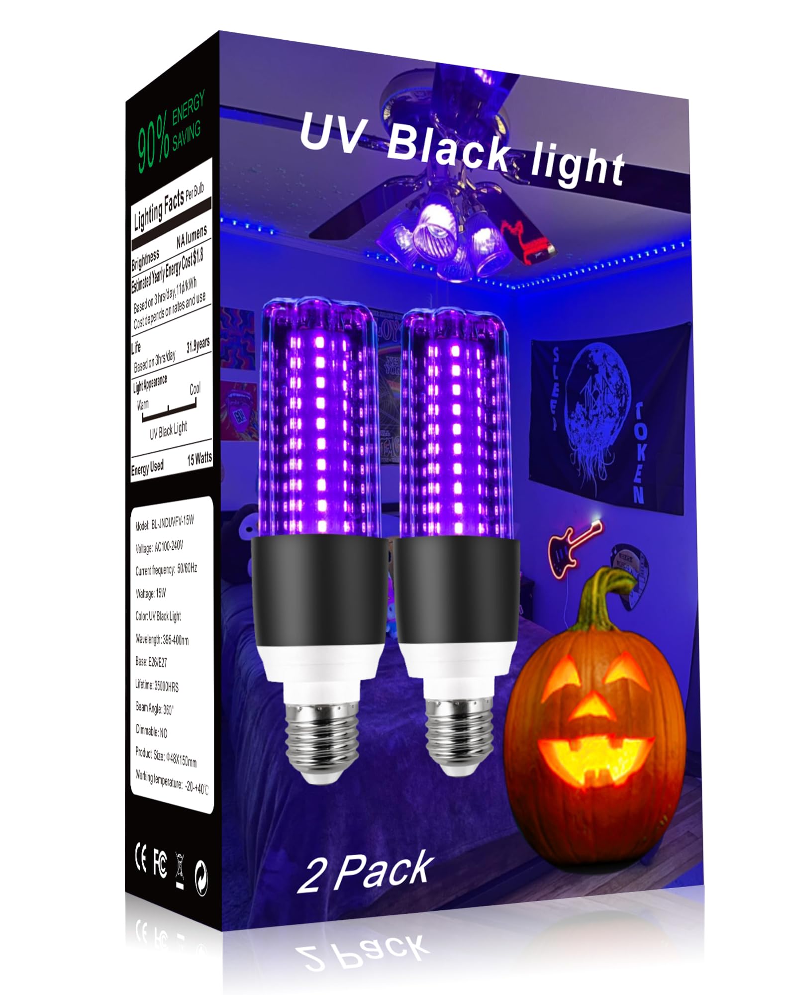 GOHDLAMP LED Black Light Bulb 15W E26 Base UV 395-400nm 2 Pack Black & White Panda Design for Glow in The Dark Use