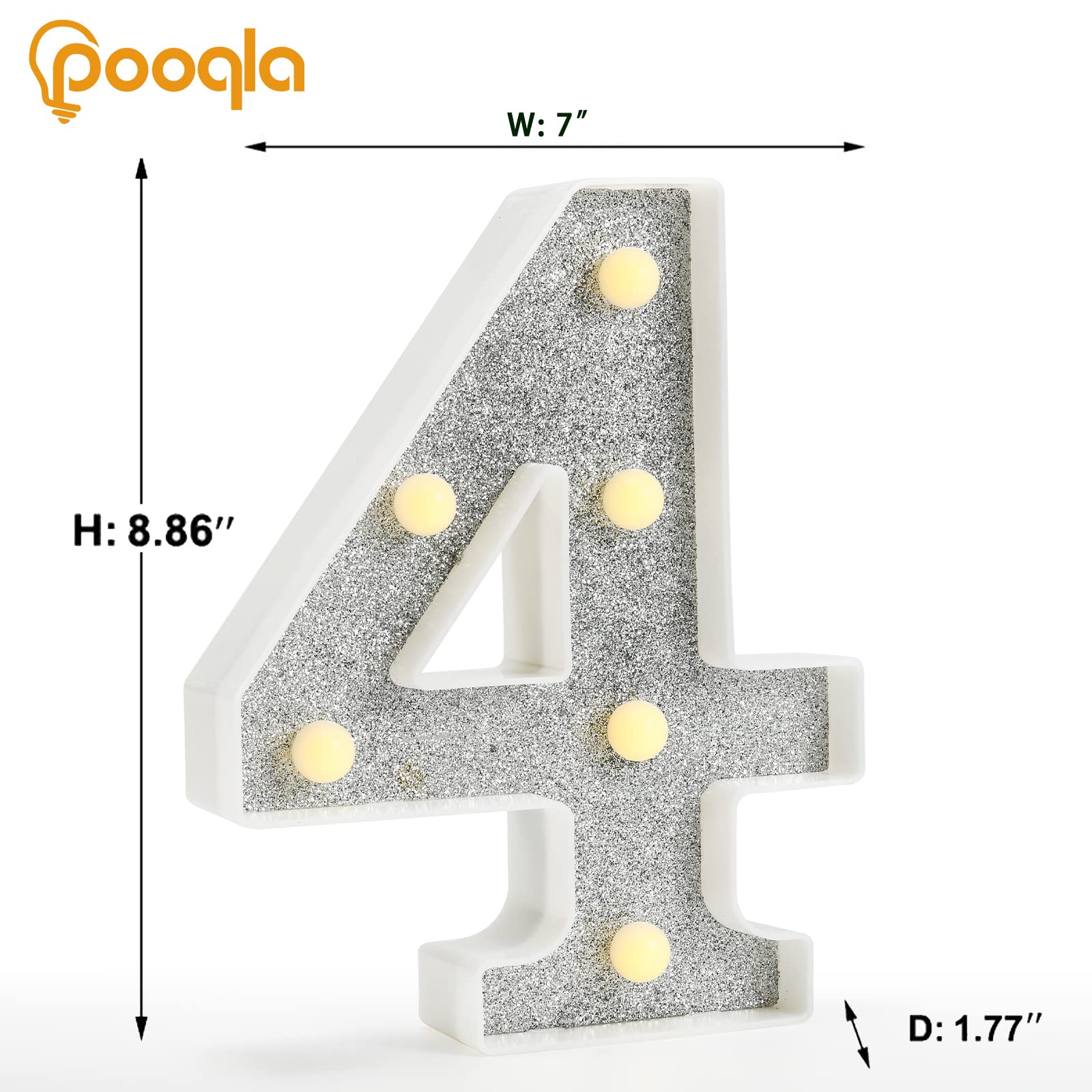 Pooqla Colorful Marquee Number 4 - RGB Light Up Decoration, Battery Powered, Glitter LED for Birthday, Wedding, Home, & Party