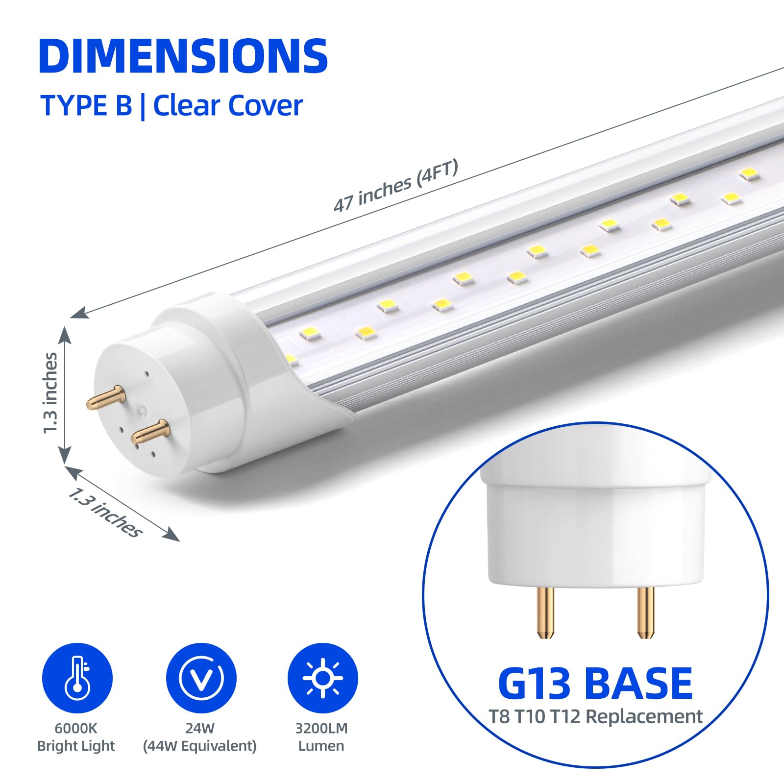 Barrina T8 LED Bulbs 4FT, 24W, 3200LM, 6000K, Ballast Bypass, Clear Cover, 16 Packs