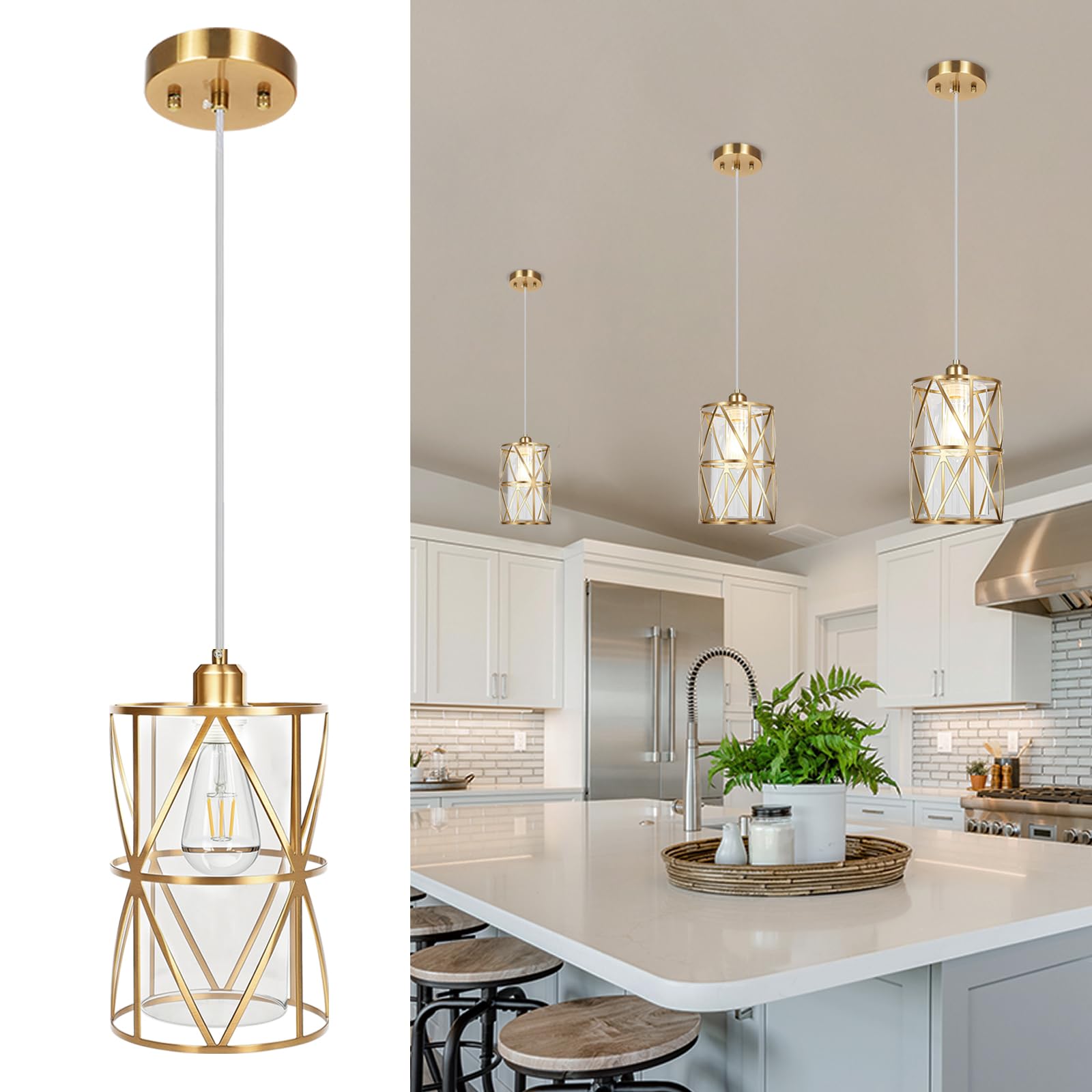 Zlierop Brushed Gold Pendant Light, Clear Glass Shade, 5.4in x 7.9in, Modern Kitchen Lighting, Model 03cc472b-757f-4b51