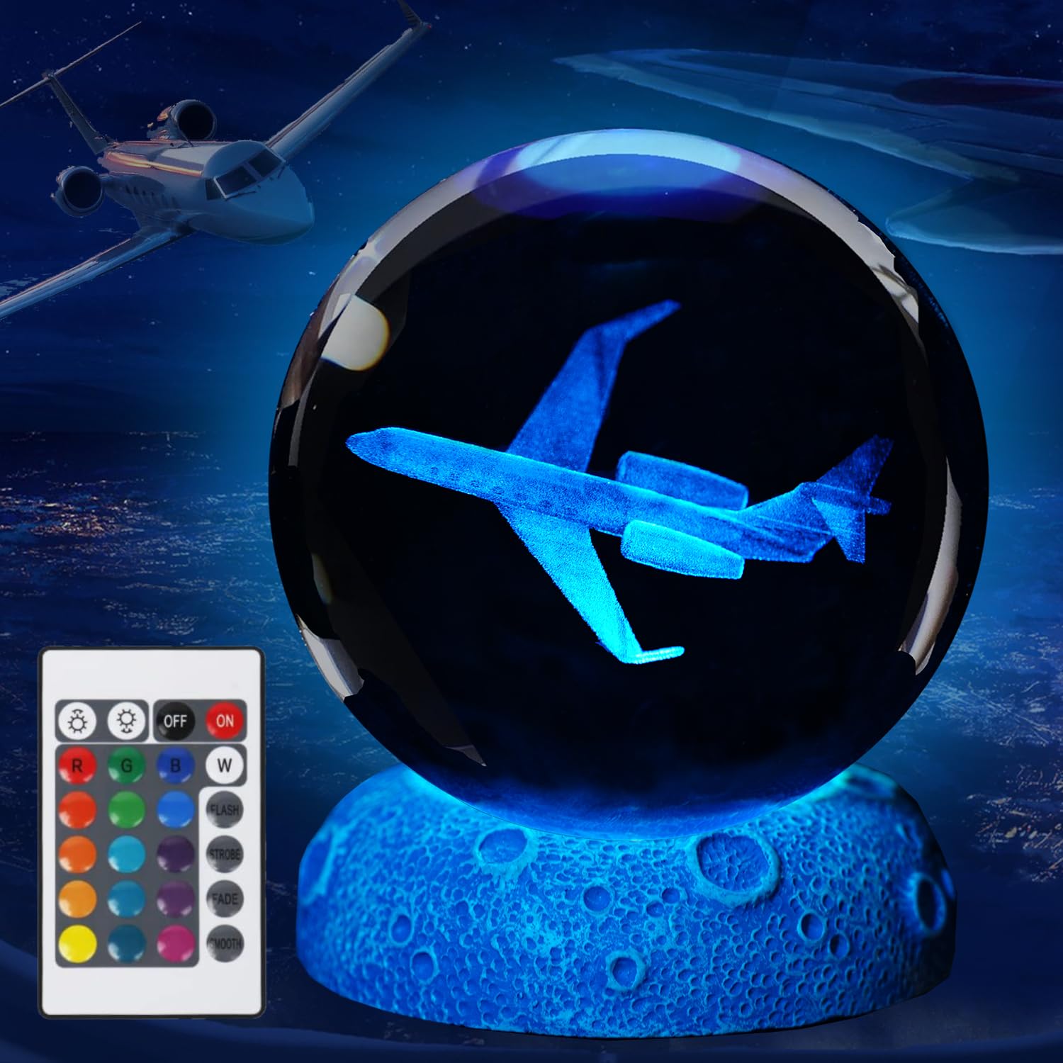 Planes Night Light, Aviation Gifts, 3D Crystal Ball 3.15 Inch (80mm) Airplane Night Light with Remote, Pilot Lamps with 16 Color