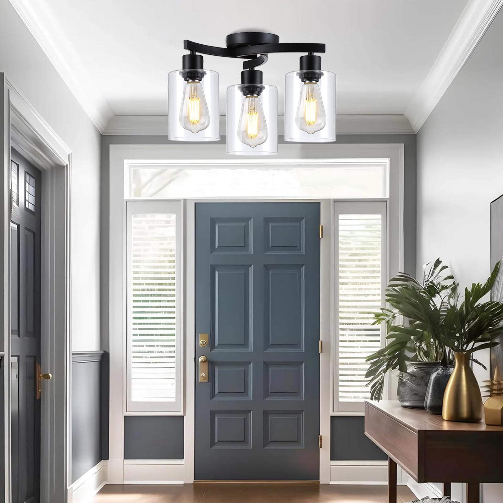 3Wwwuee 3-Light Semi Flush Mount Ceiling Light, Modern Close To Ceiling Light Fixtures With Clear Glass Shades, Black Light Fixt