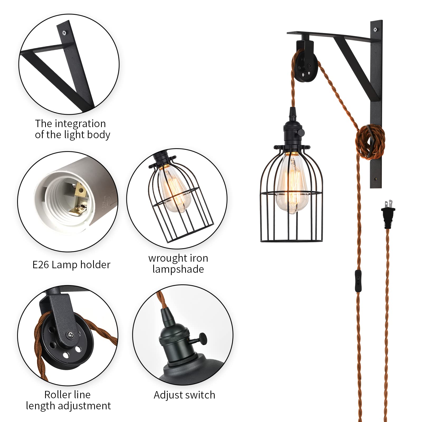 Seeblen Farmhouse Black Pendant Light Set Of 2, Iron Pulley Lamps With Switch
