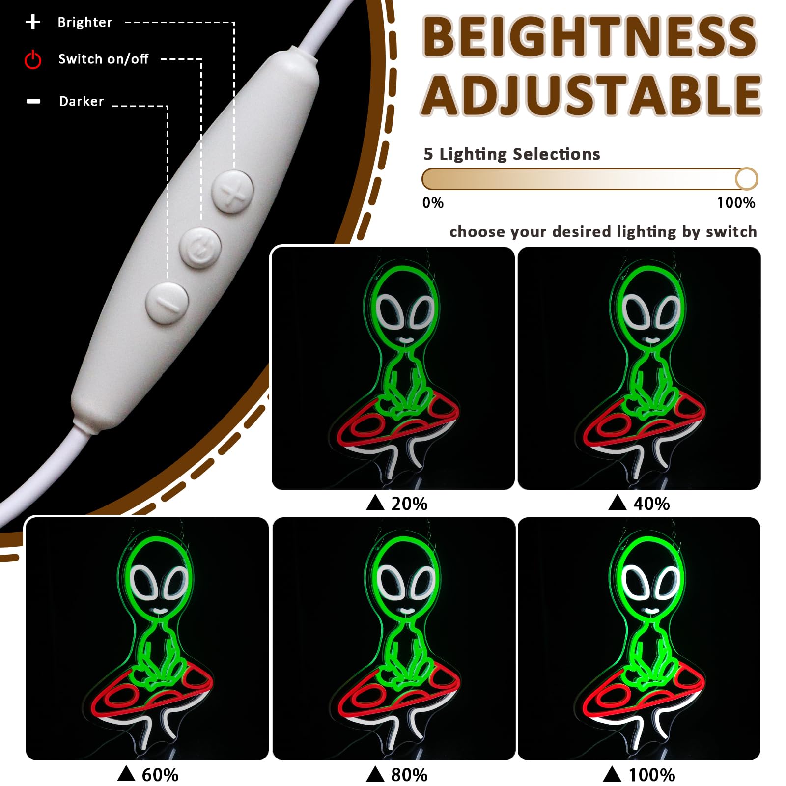 PMCVYH Neon Alien Sign, USB Dimmable Wall Decor, Acrylic, Green Red White, Model SYL-Mushroom Alien