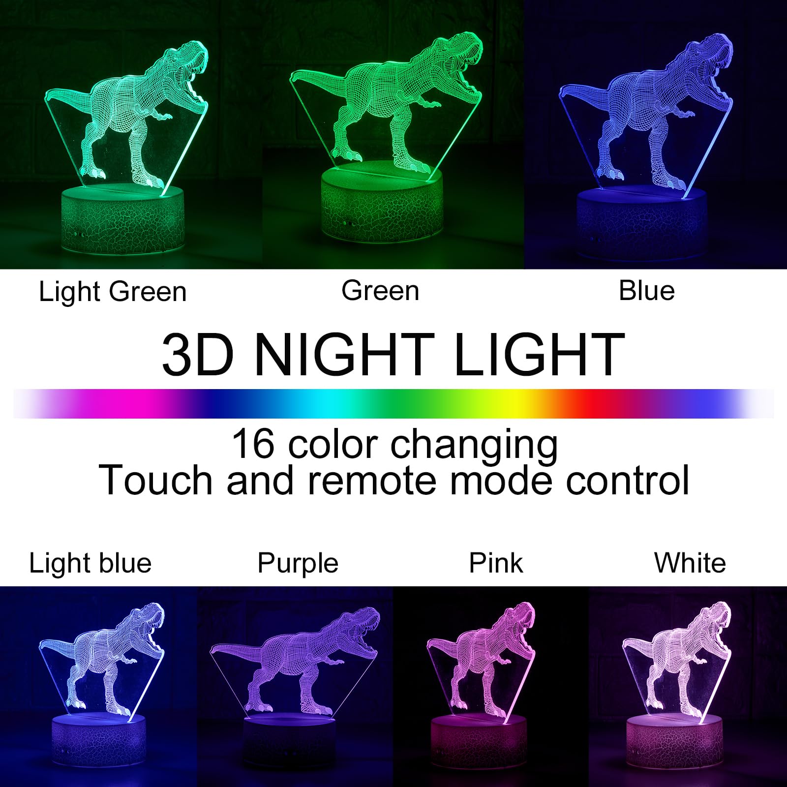 Aolalow Dinosaur Night Light For Boys, Dinosaur Lamp, Dinosaur Light, Dinosaur Toys, Dino Lamp,3D Illusion Night Lamp, Led Table Lamp With Touch Sensor And 7 Colors Change.