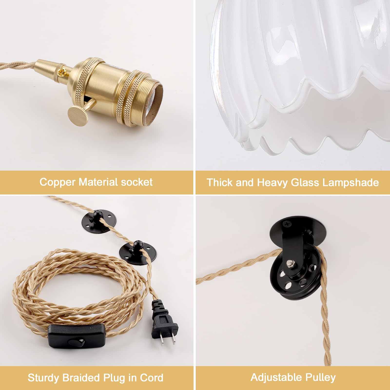 Shenmoyl Mini Plug In Pendant Light Hanging Light Fixture Corded On/Off Switch Brass Pendant Light With White Tulip Glass Lampsh