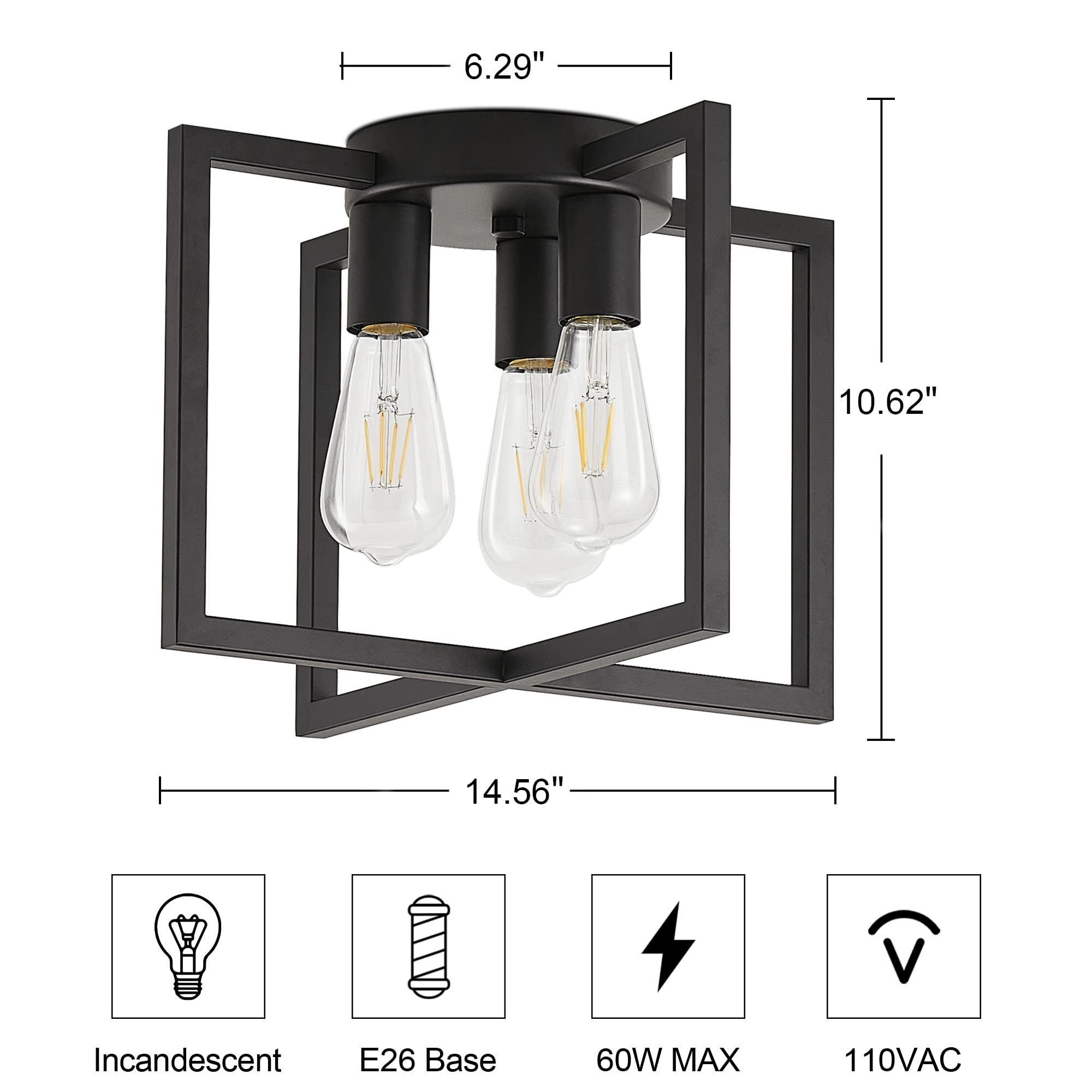 Bosomfr 3-Light Black Metal Ceiling Light Fixture, Semi-Flush Mount Chandelier for Kitchen, Living Room, Foyer - Model K3