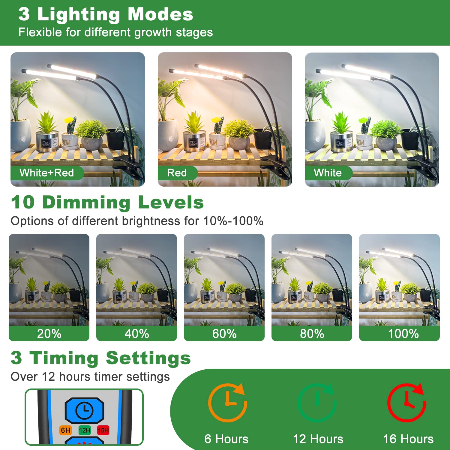 Wolezek Grow Lights For Indoor Plants, 2 Pack 6000K Led White Plant Grow Lights Indoor, Full Spectrum Grow Lamp With Clip, Auto On & Off Timer 6/12/16H, 3 Modes, 5-Level Dimmable Brightness