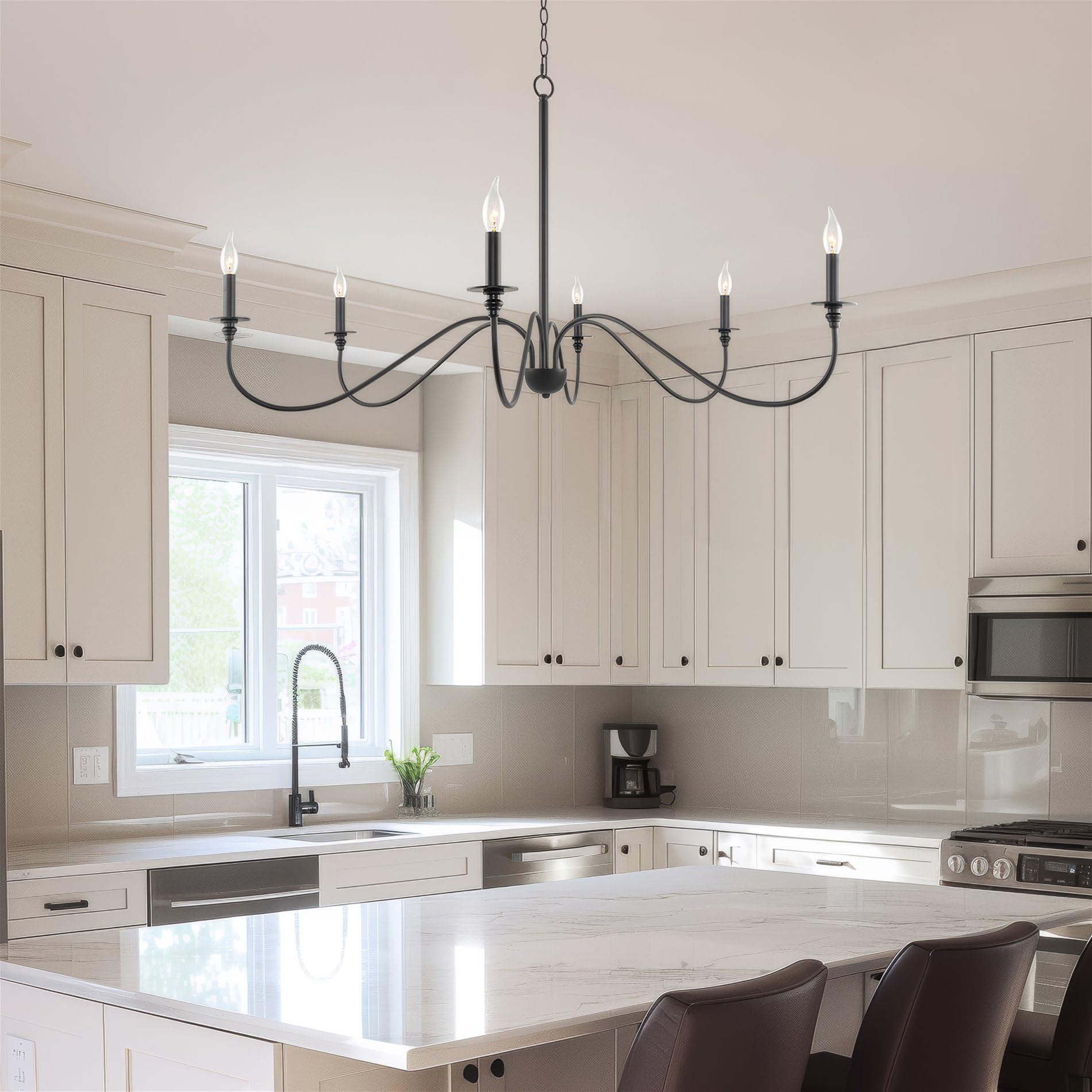 Kira Home Archer 47'' 6-Light Large Modern Chandelier + Curved Arms, Adjustable Hanging Height, Black Finish