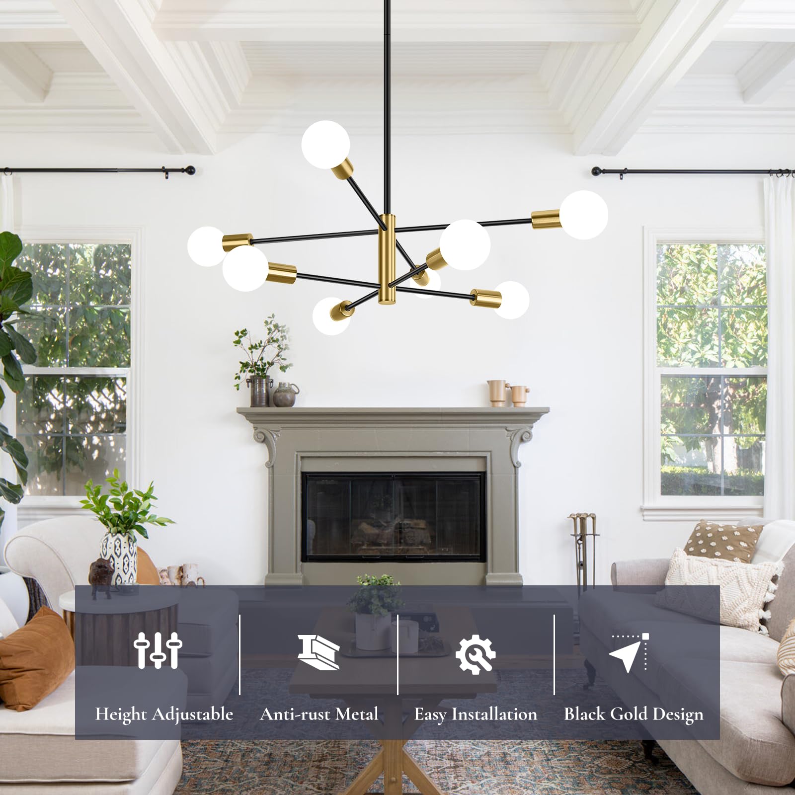 Beslowe 8-Light Modern Sputnik Chandelier, Mid Century Black & Gold Chandeliers Lighting, Farmhouse Ceiling Hanging Light Fixtur