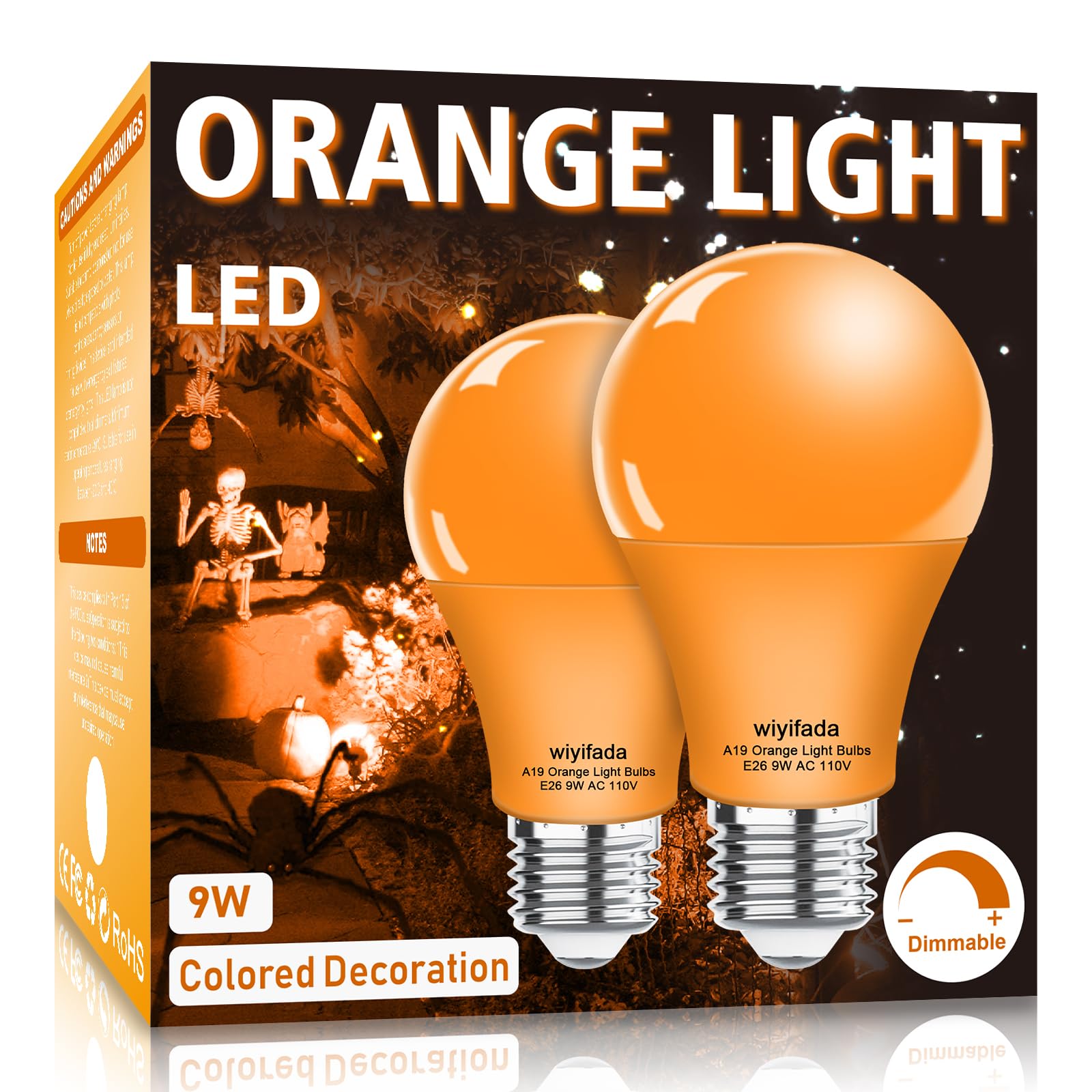 Wiyifada 2 Pack A19 Orange Led Light Bulbs, 9W Replacement For 100W, Halloween Decor