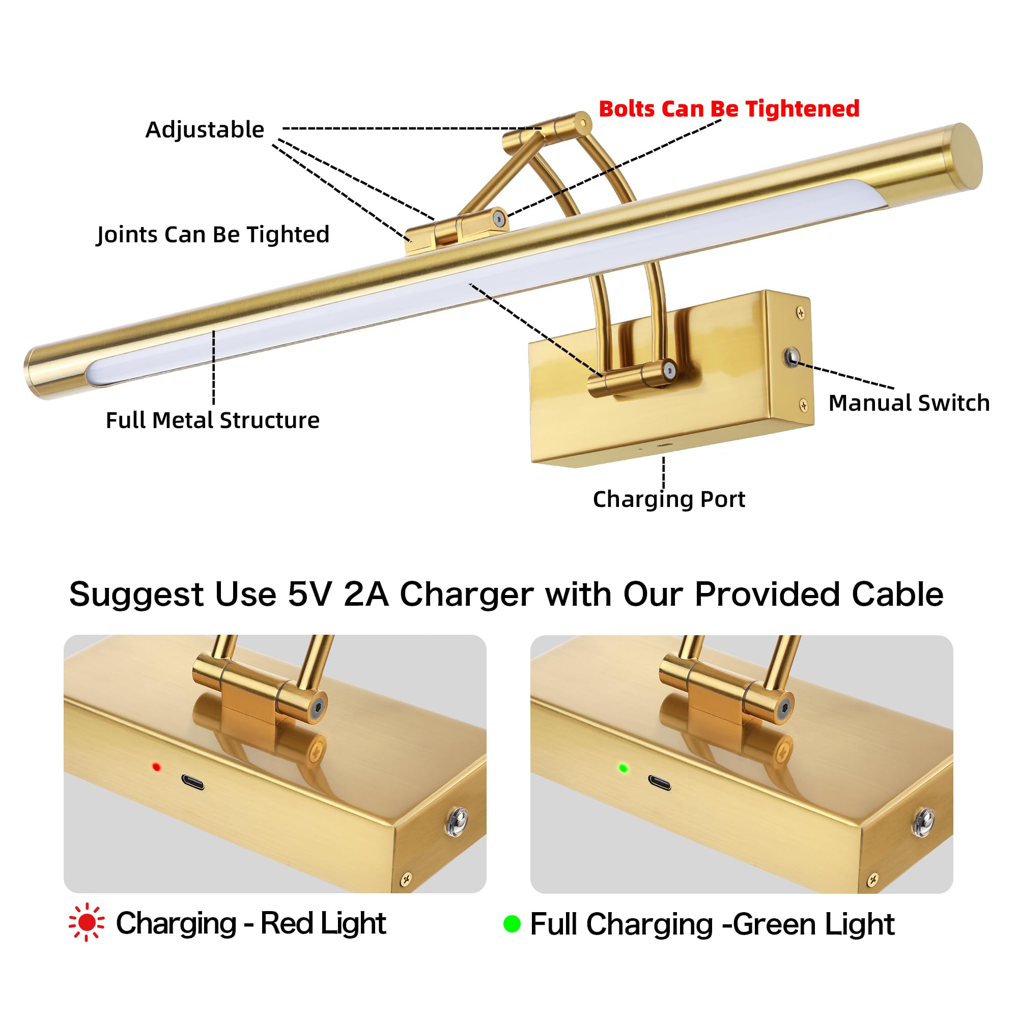 16 Picture Lights For Wall Battery Operated  Wireless Picture Light With Remote  Rechargeable Wall Light 3000K/4000K/6000K Dimmable  Art Lighting For discomfort-reducingtings Frame Gallery Dartboard Light  Brass
