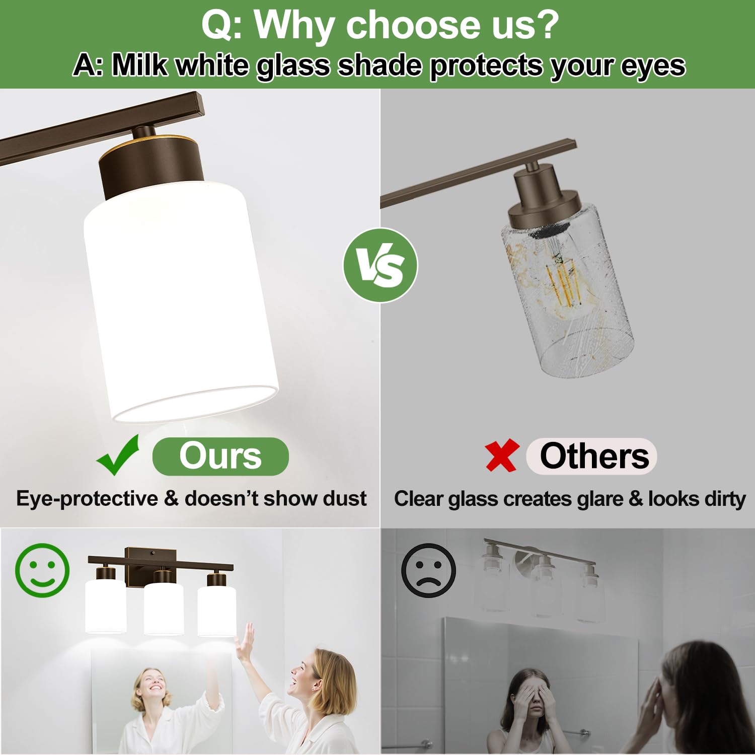 Meybiok 3-Light Bathroom Light Fixture, Brown and Gold Metal Vanity Light with Frosted Glass Shades, Model LTW069