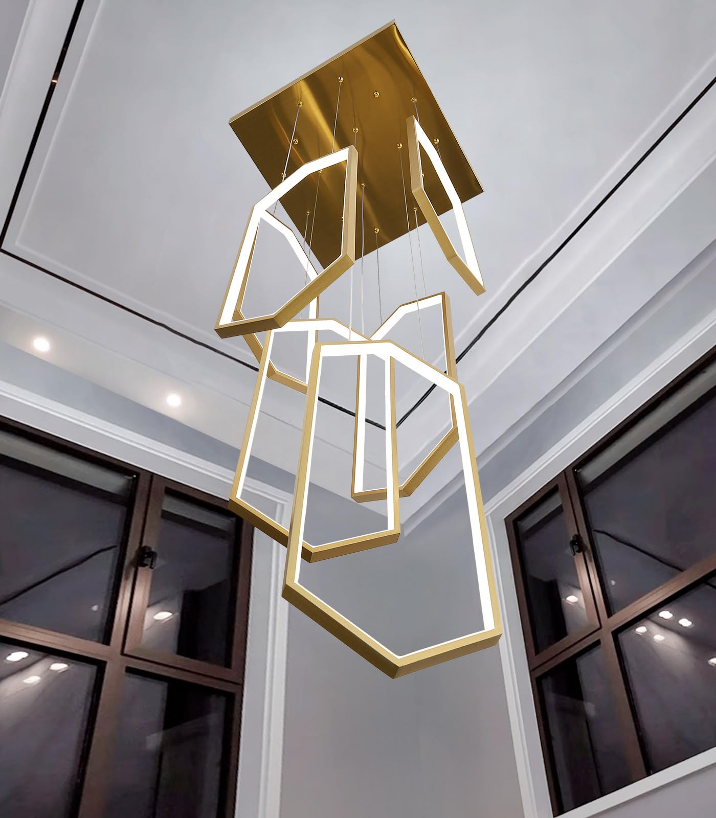 dolria 6-Rings Chandelier Modern, Gold Contemporary LED Light for Living Room Entrance, Dimmable Flush Mount High Ceiling Chande